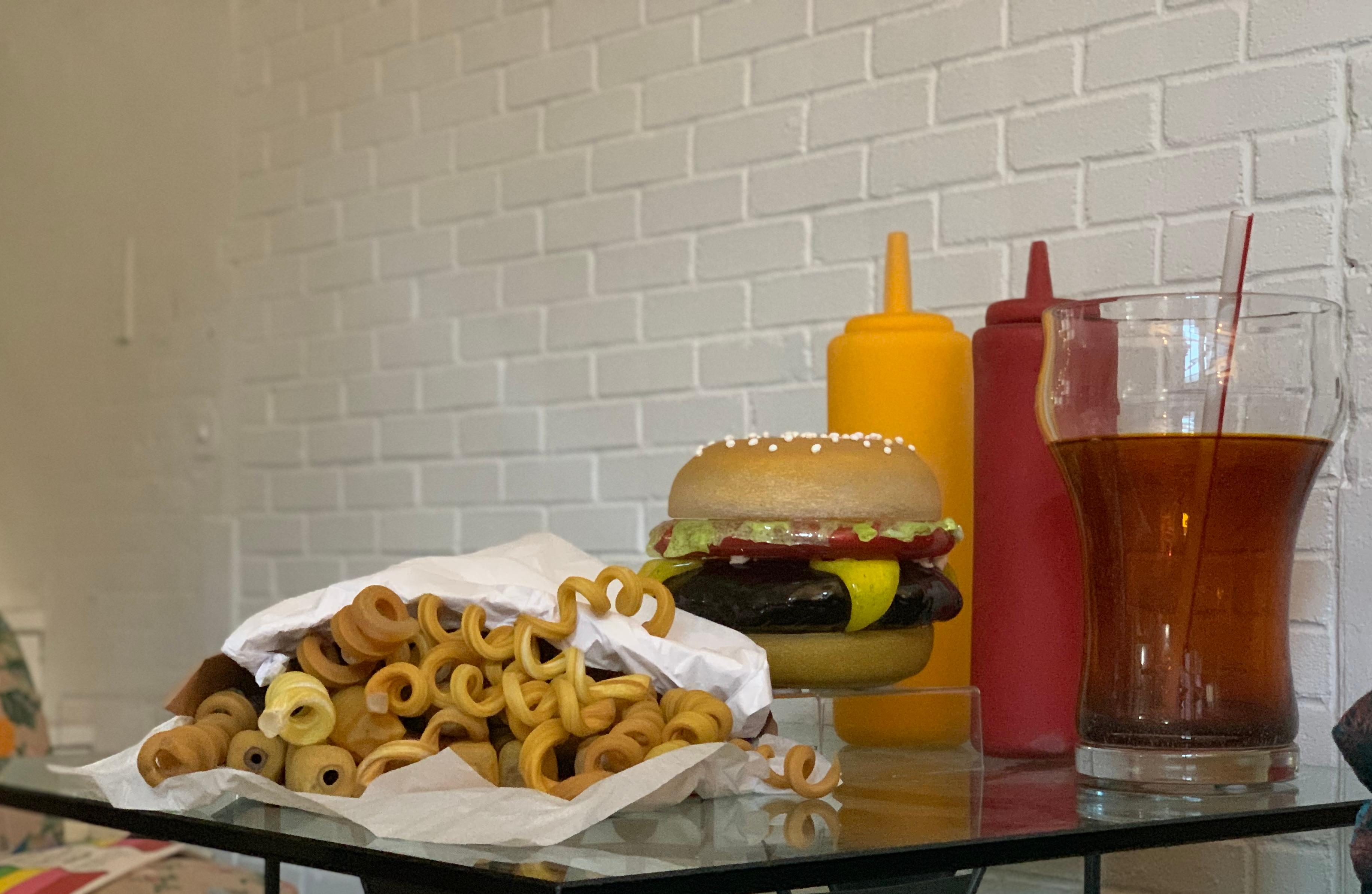 Post-Modern John Miller Blue Plate Special Curly Fries 2008 Blown Pop Art Glass Sculptures For Sale