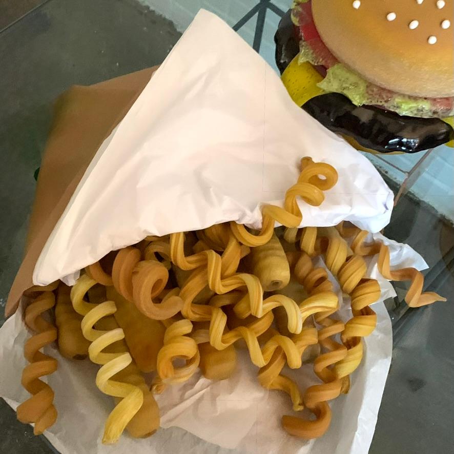 American John Miller Blue Plate Special Curly Fries 2008 Blown Pop Art Glass Sculptures For Sale