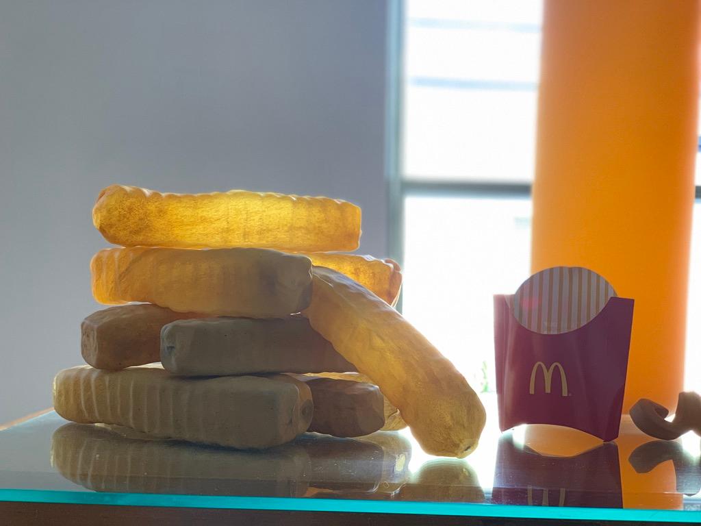 Post-Modern John Miller Blue Plate Special Fries 2008 Hand Blown Pop Art Glass Sculptures For Sale