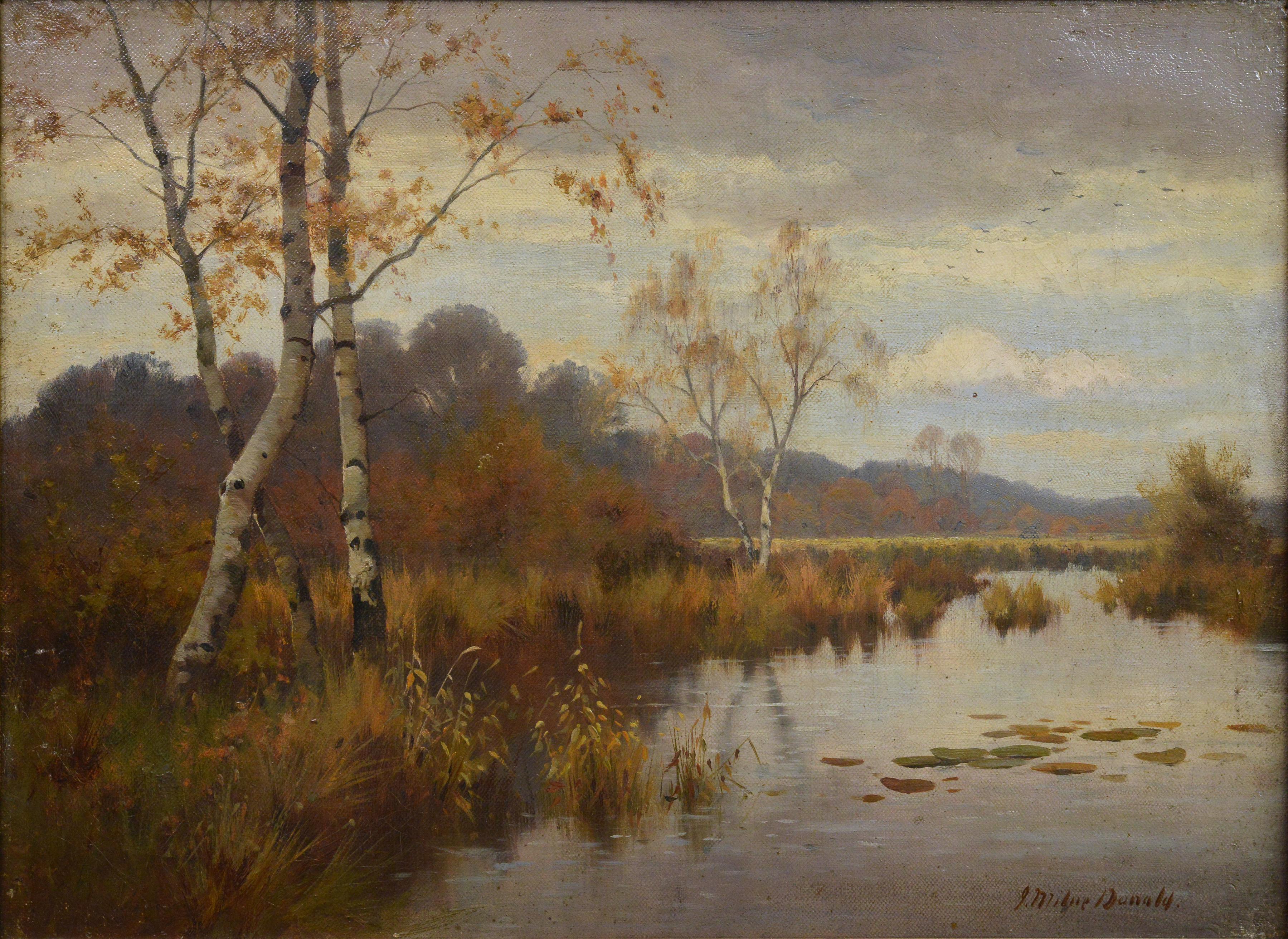 Autumn Lake Landscape Mid 19th Century Oil Painting by Listed Scottish Painter - Brown Landscape Painting by John Milne Donald