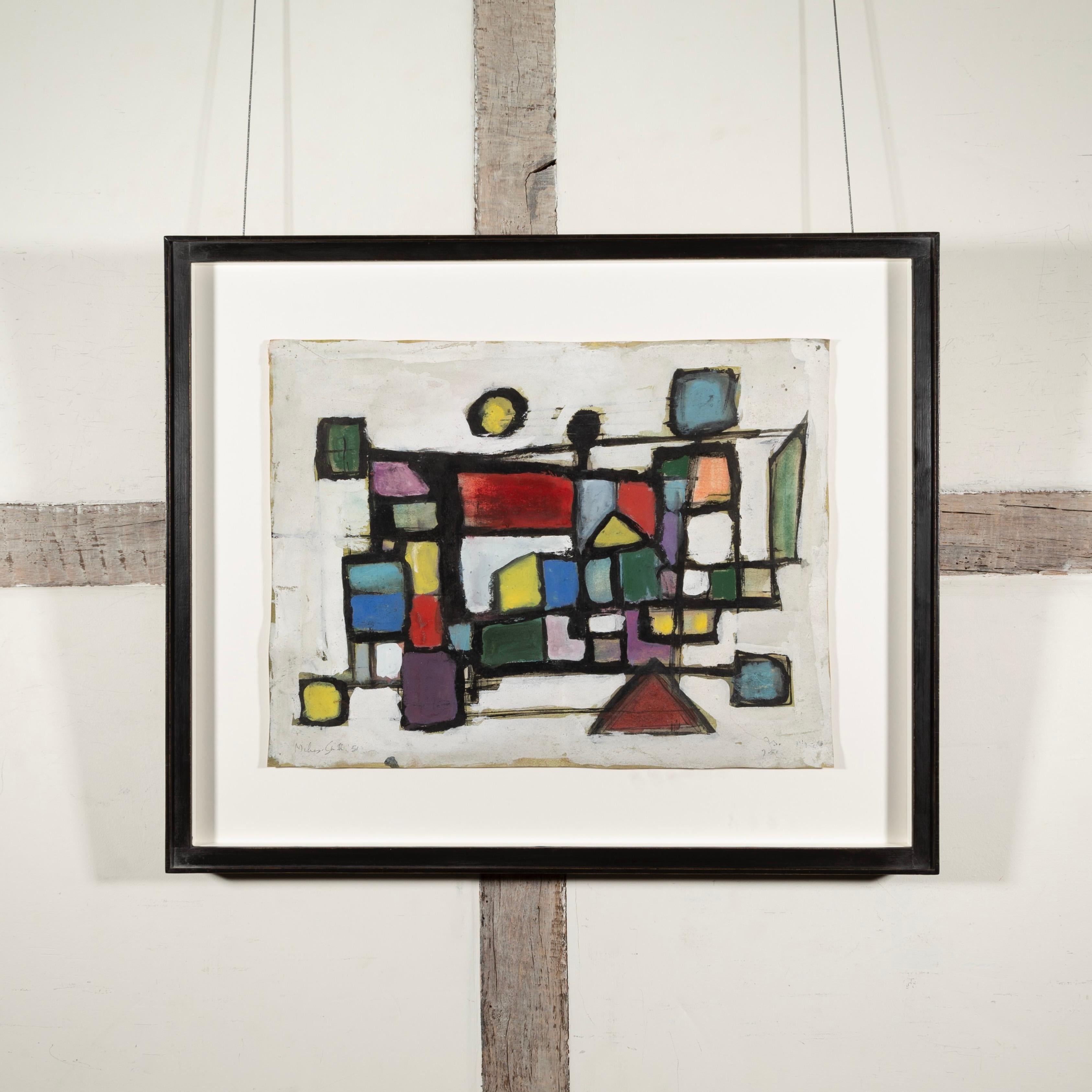 Coloured Grid, no.IX (July) - 20th Century Colourful Abstract Gouache Painting - Gray Abstract Painting by John Milnes-Smith