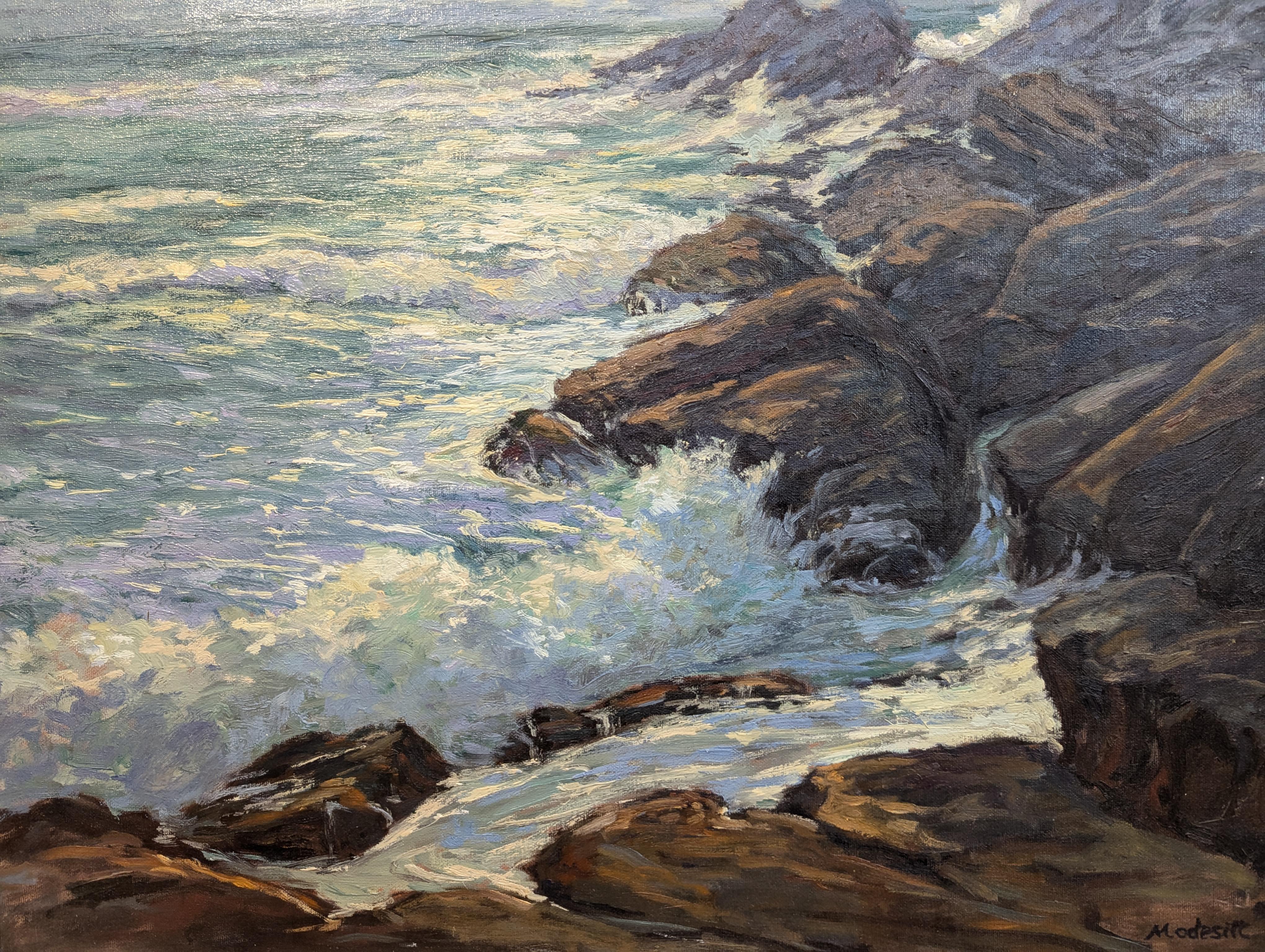 Crashing Waves - Gray Landscape Painting by John Modesitt