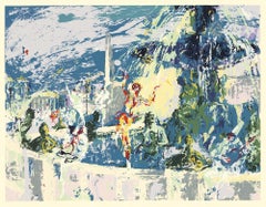 Retro 1975 John Moore 'Fountain Scene' Contemporary Multicolor, Red, Yellow, White USA Se