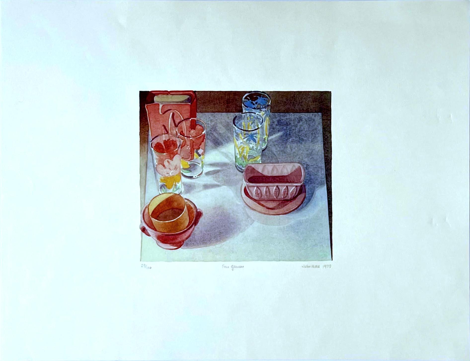 Place Setting (bread basket, glasses, butter dish) signed/n, top realist painter - Print by John Moore