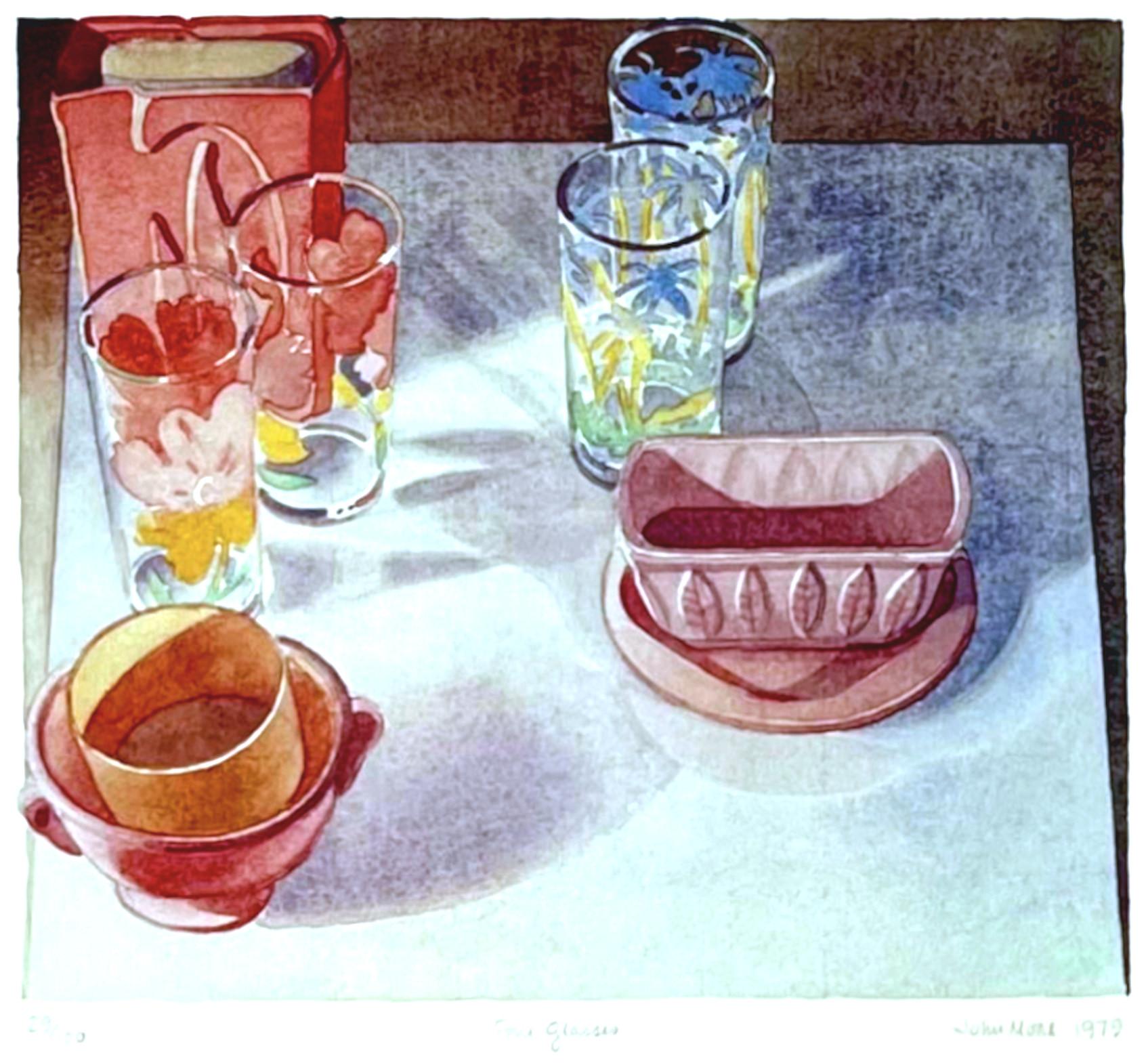 Place Setting (bread basket, glasses, butter dish) signed/n, top realist painter