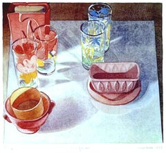 Juego de mesa (panera, vasos, mantequera) firmado/n, pintor realista superior