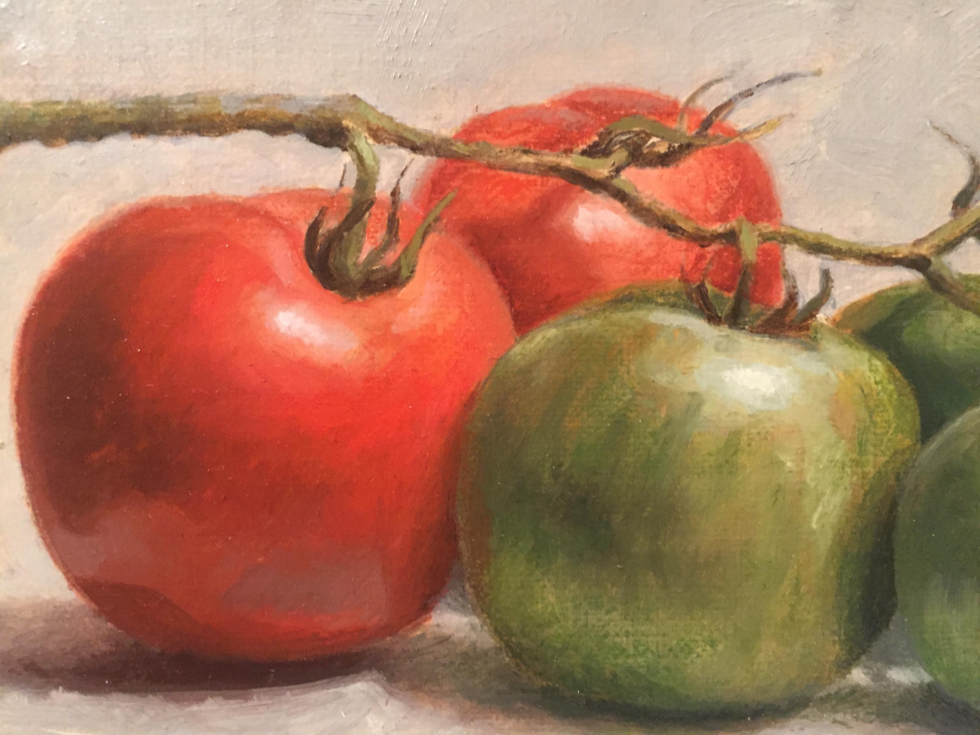 An oil painting of a tomato still life. On a neutral background sits a larger tomato and 6 smaller tomatoes still attached to a vine. The two groups are divided by a diagonal slash of branch.

Painting dimensions: 6 x 13 inches 
Framed dimensions: