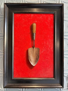 "Garden Shovel on Red" hyperrealist oil painting, hand trowel, Signed & Framed