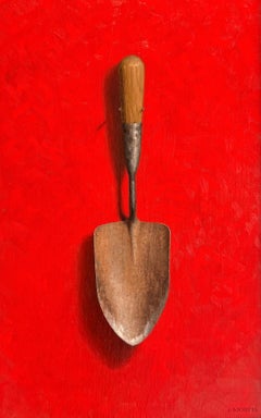 "Garden Shovel on Red" hyperrealist oil painting, hand trowel, Signed & Framed