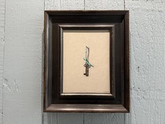"Key With Turquoise Lanyard" realist oil painting of old antique key on ribbon