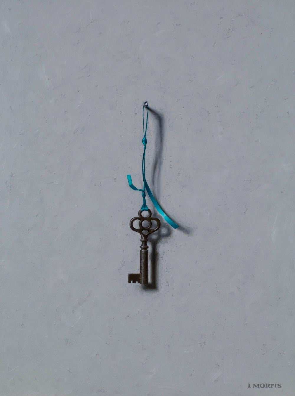 "Key With Turquoise Lanyard" realist oil painting of old antique key on ribbon