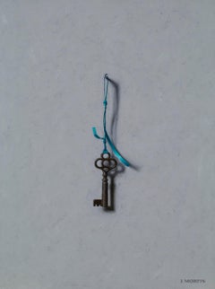 "Key With Turquoise Lanyard" realist oil painting of old antique key on ribbon