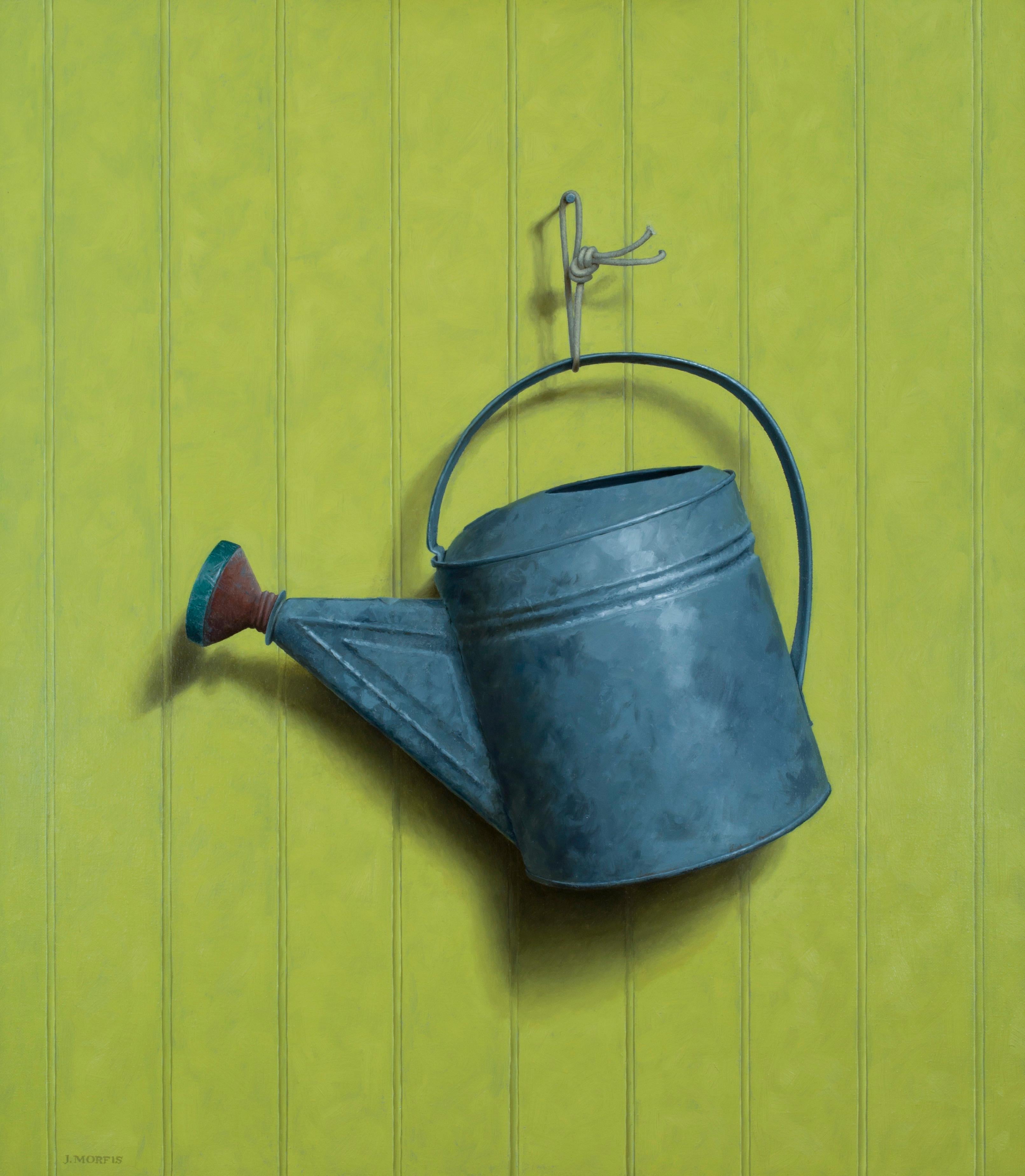 John Morfis Still-Life Painting - "Lauren's Watering Can" hyperrealist oil painting, metal gardening tool, yellow 
