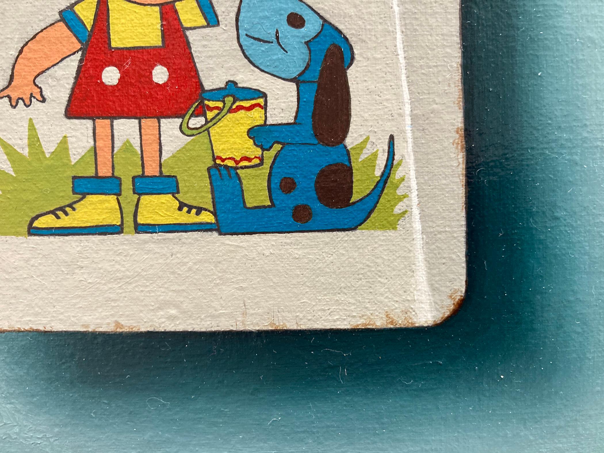 „Little Girl and Dog on Shovel“ Blau-weißes Trompe-l'oeil-Ölgemälde mit Hund, antik im Angebot 15