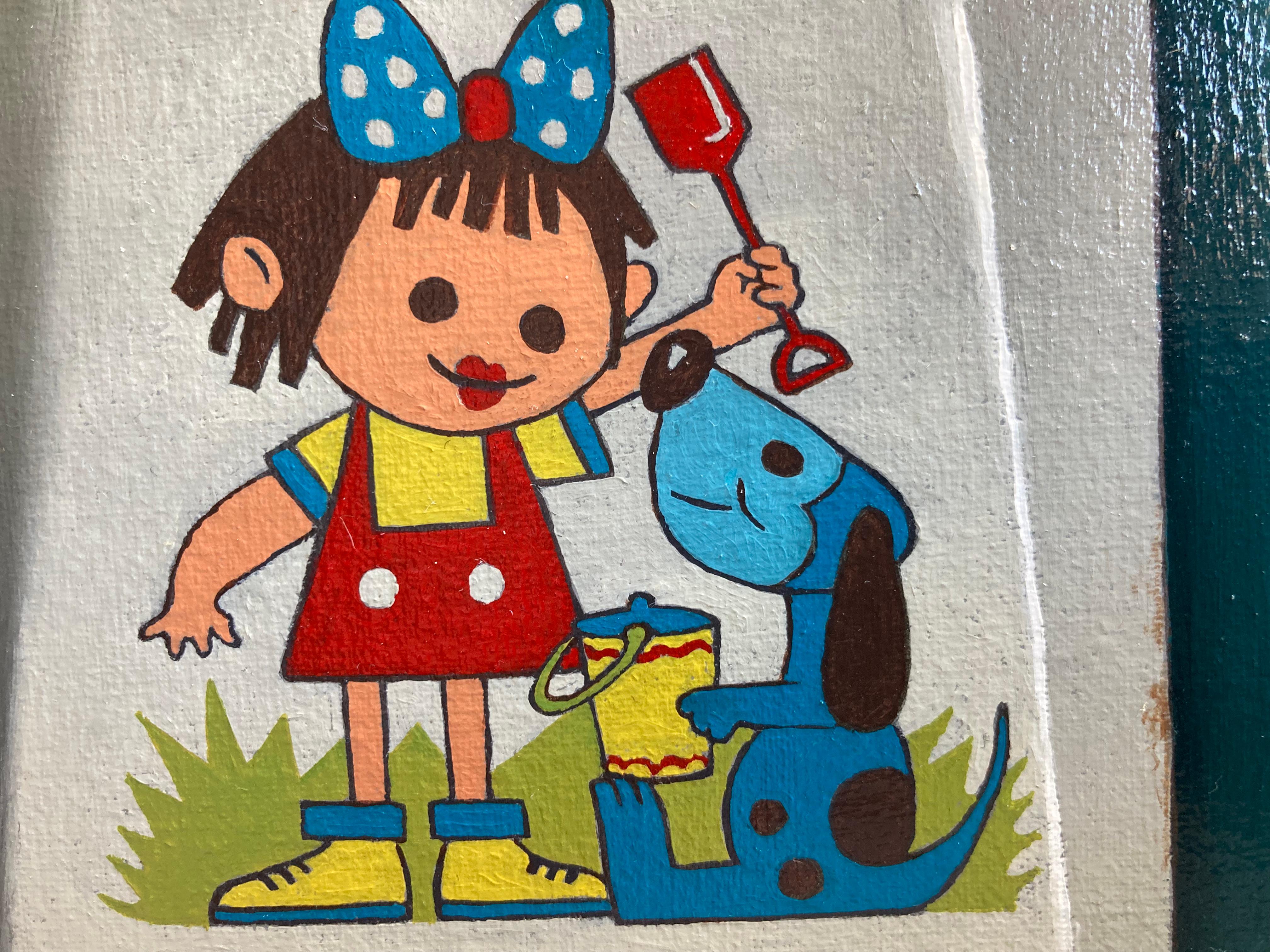 „Little Girl and Dog on Shovel“ Blau-weißes Trompe-l'oeil-Ölgemälde mit Hund, antik im Angebot 4