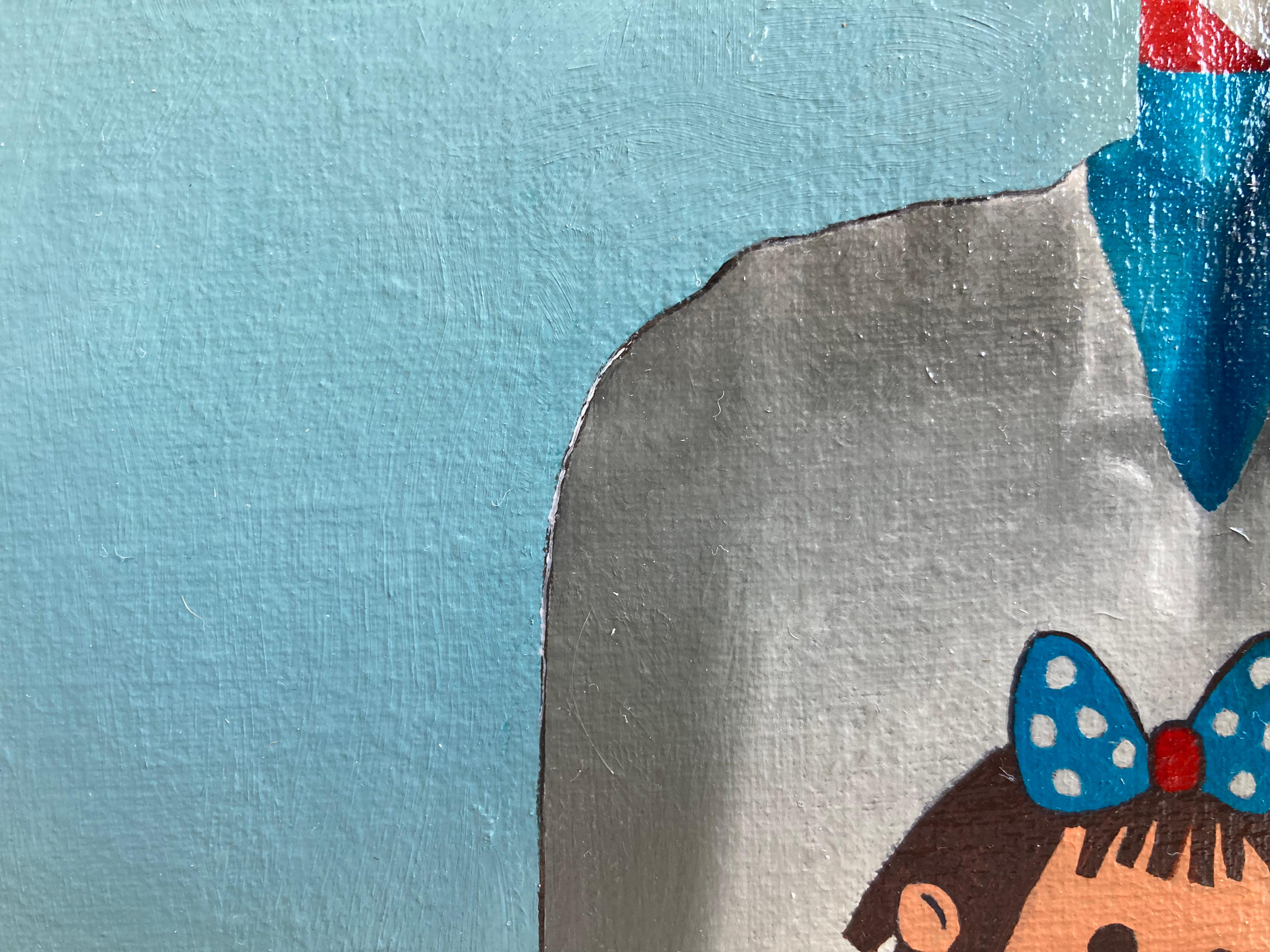 „Little Girl and Dog on Shovel“ Blau-weißes Trompe-l'oeil-Ölgemälde mit Hund, antik im Angebot 5