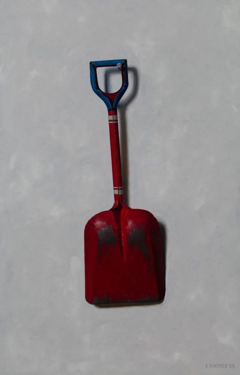 John Morfis Interior Painting - "Red Sand Shovel" contemporary trompe l'oeil oil painting of antique object