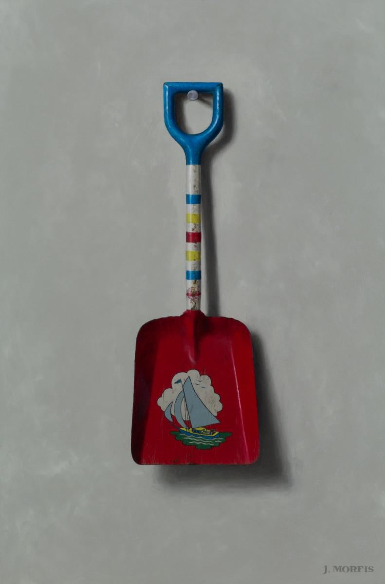 John Morfis Interior Painting - "Sailboat Beach Shovel" tromp l'oeil still life of child's old-school toy