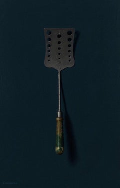 "Spatula on Blue" - Oil painting, trompe l'oeil american realist kitchen utensil