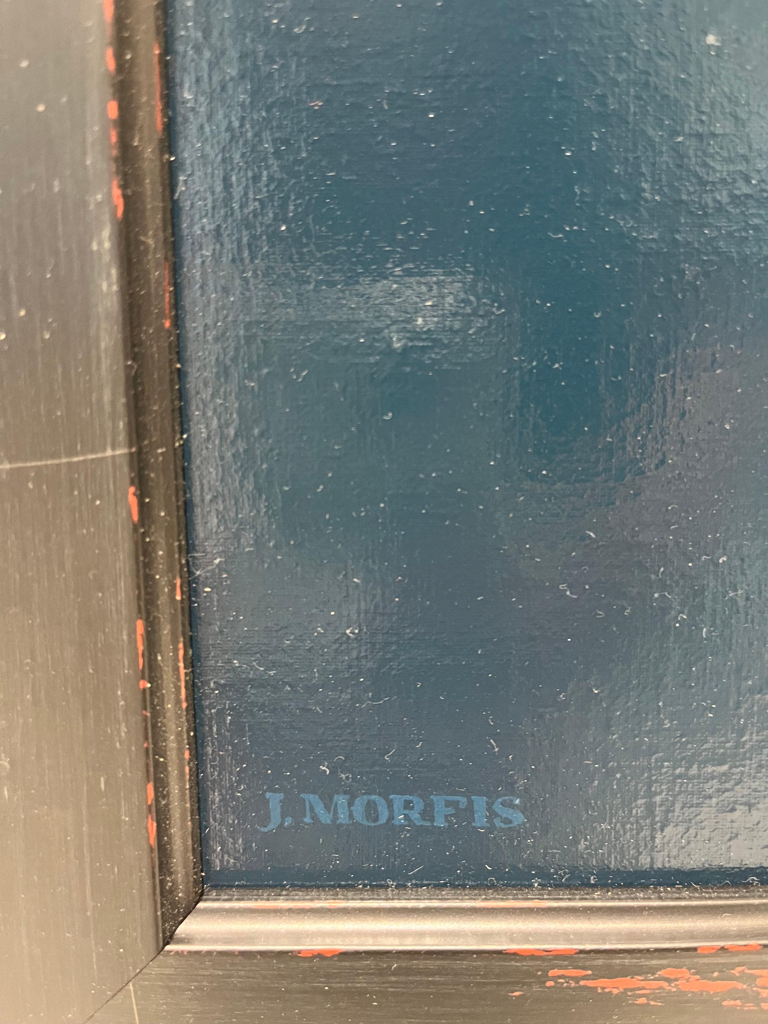 Una rappresentazione tromp-l'oeil scura ma nitida di una spatola. Morfis crea bellezza dagli oggetti ordinari che usiamo tutti i giorni. A causa della vernice, il dipinto è difficile da fotografare. Il colore navy è scuro, ma si illumina con un
