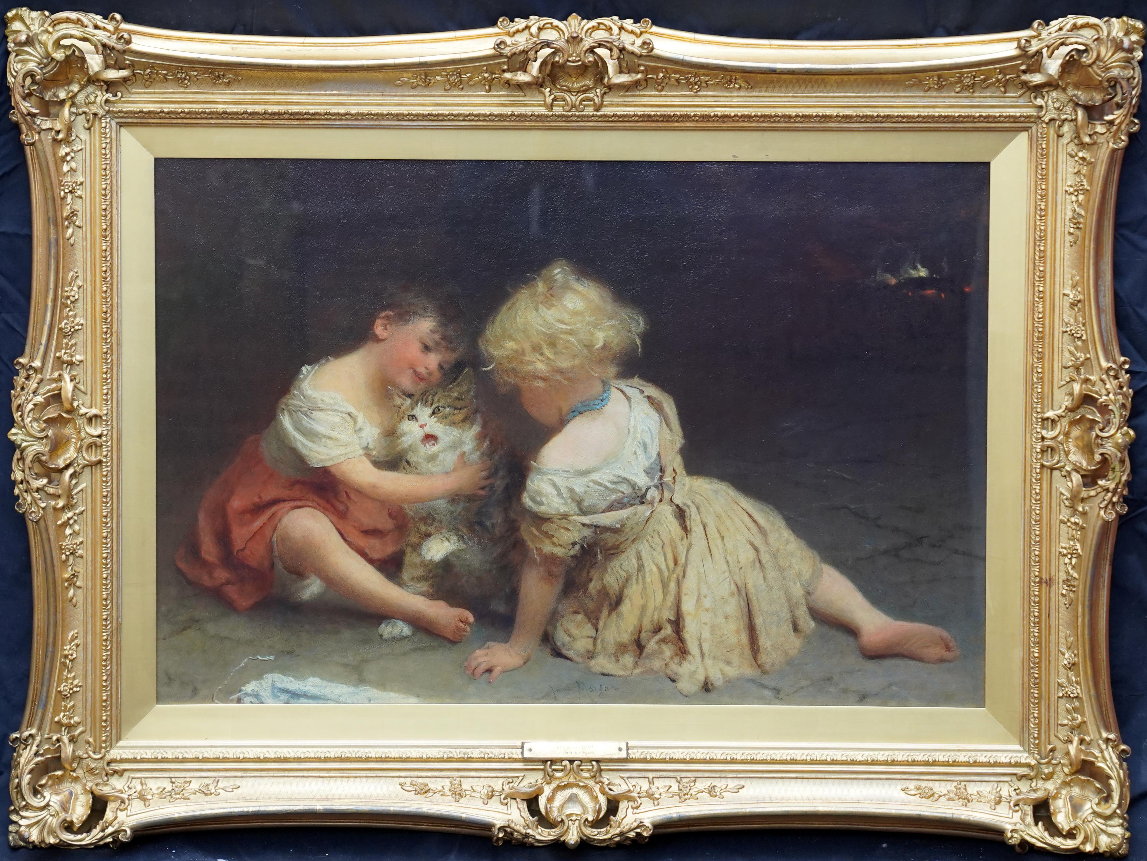 Retrato de niña con gato - Pintura al óleo de arte animal de la época victoriana británica en venta 7
