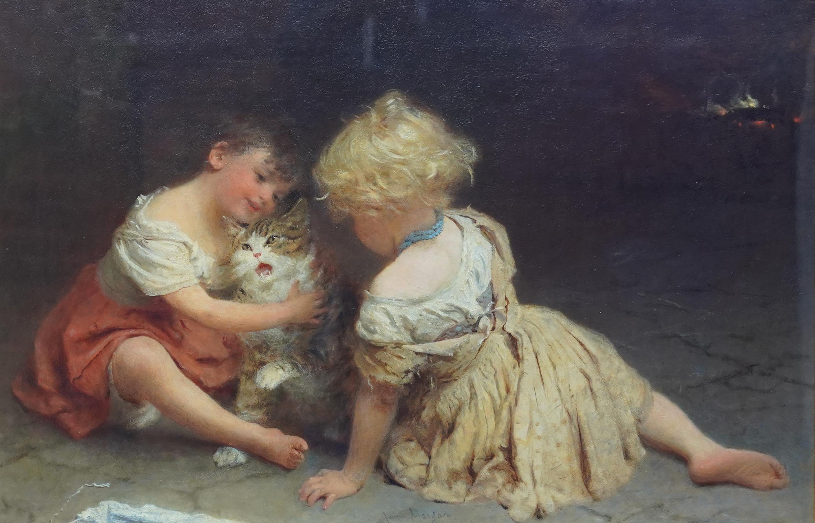 Retrato de niña con gato - Pintura al óleo de arte animal de la época victoriana británica - Painting de John Morgan