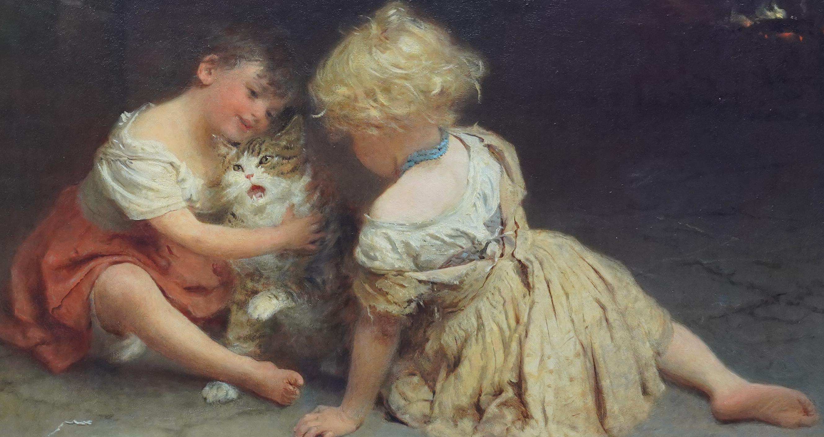 Retrato de niña con gato - Pintura al óleo de arte animal de la época victoriana británica - Painting Realista de John Morgan