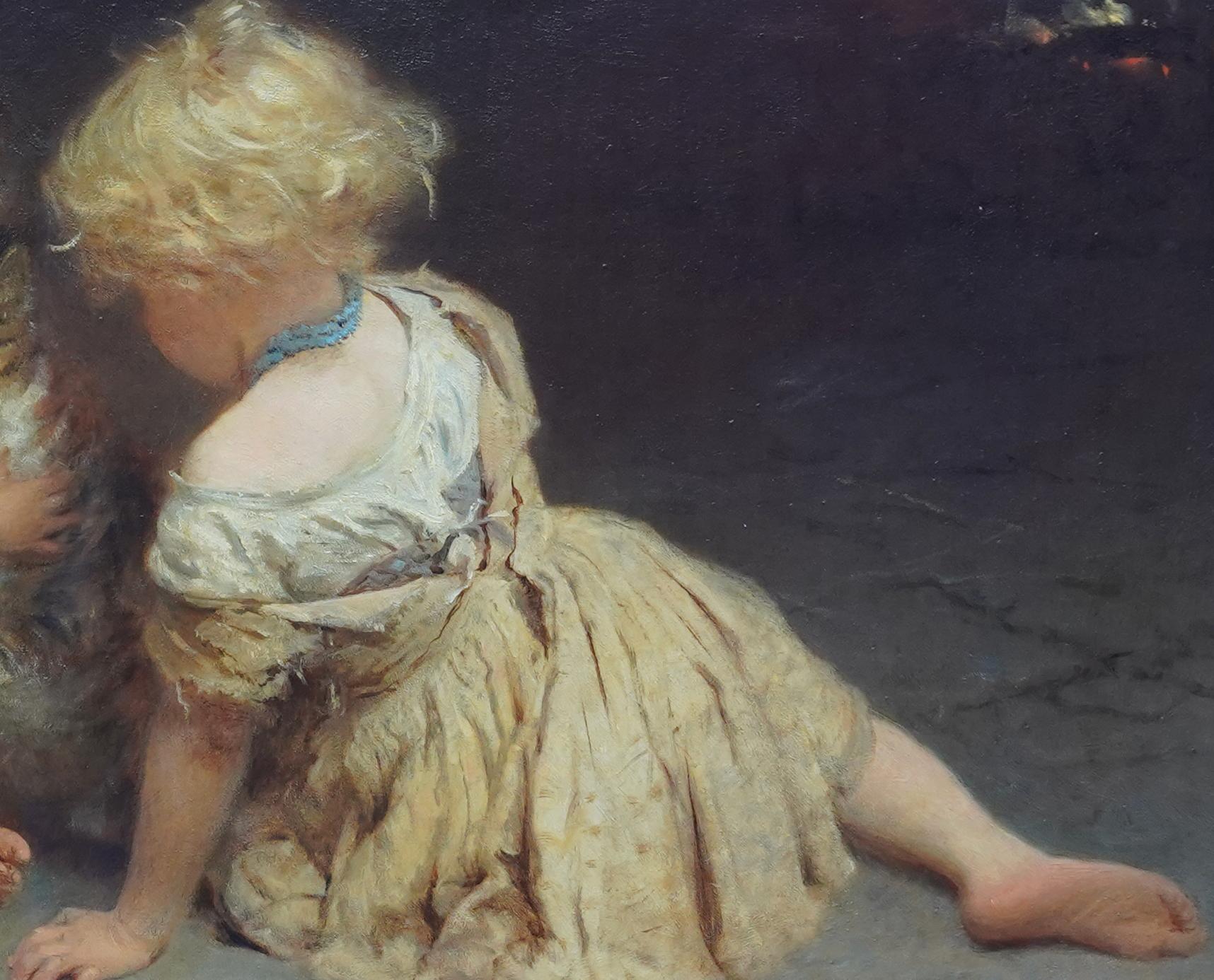 Retrato de niña con gato - Pintura al óleo de arte animal de la época victoriana británica - Animal Painting Marrón de John Morgan