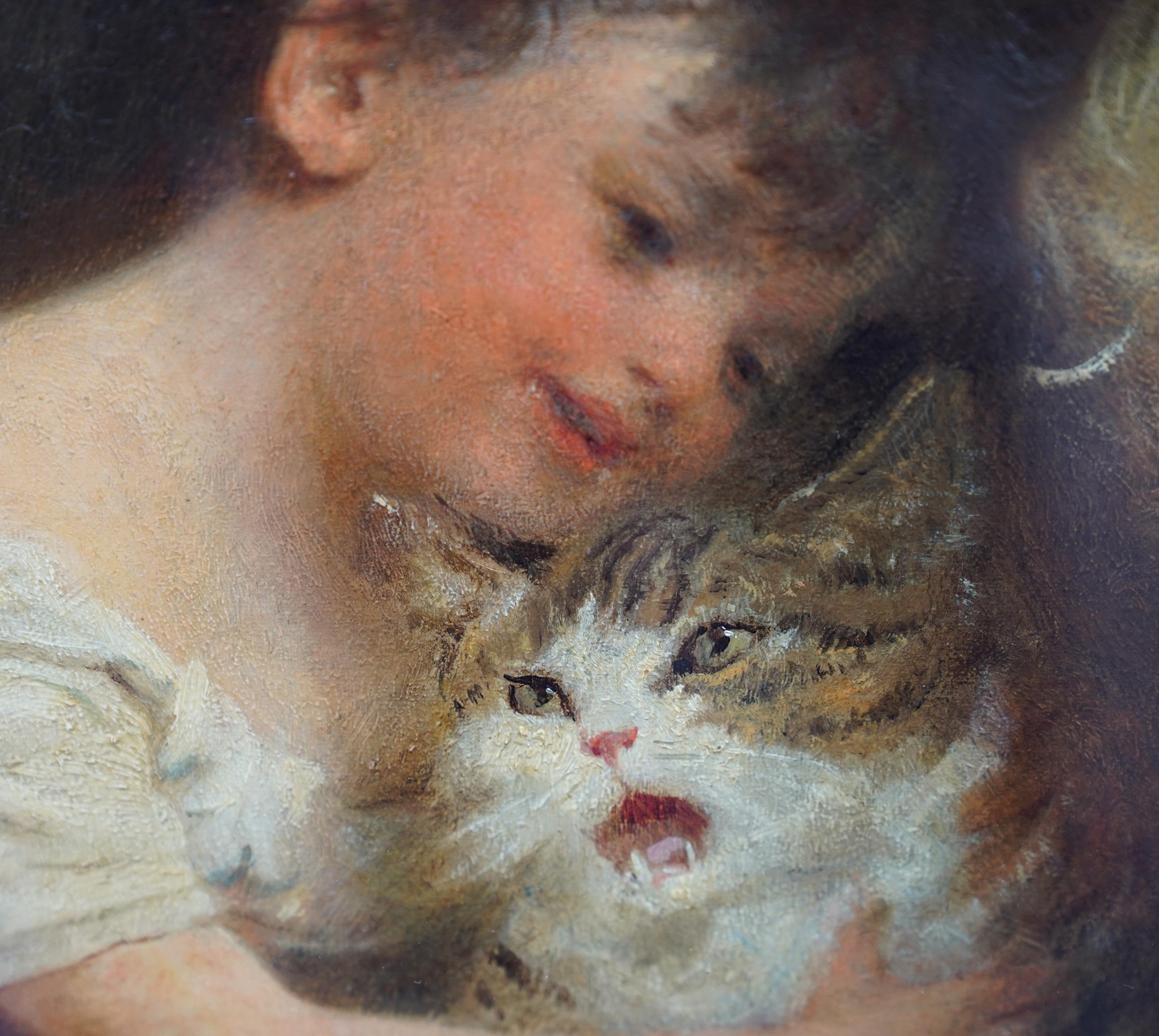 Portrait of Girls with a Cat - British Victorian Genre animal art oil painting For Sale 1