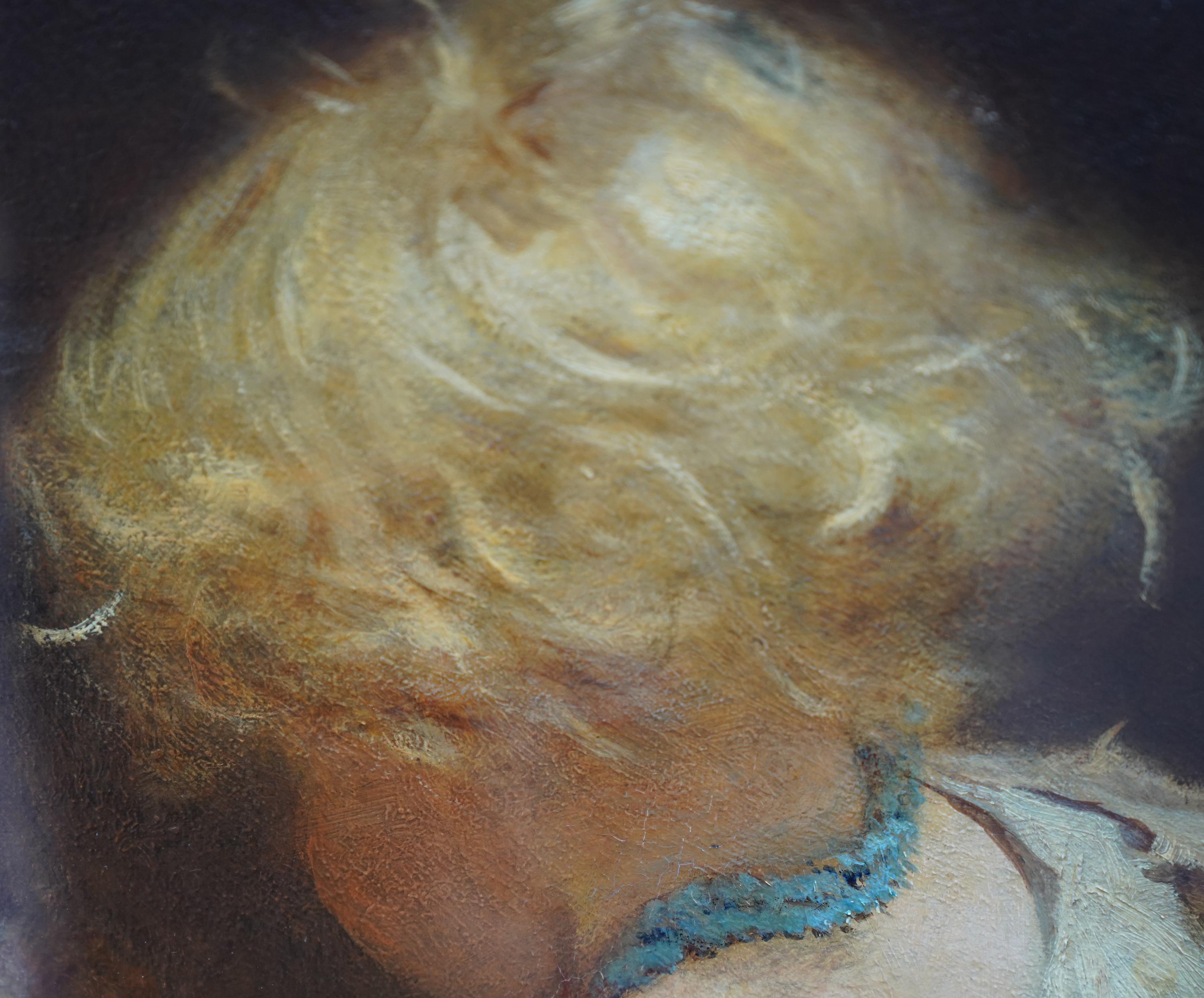Retrato de niña con gato - Pintura al óleo de arte animal de la época victoriana británica en venta 1