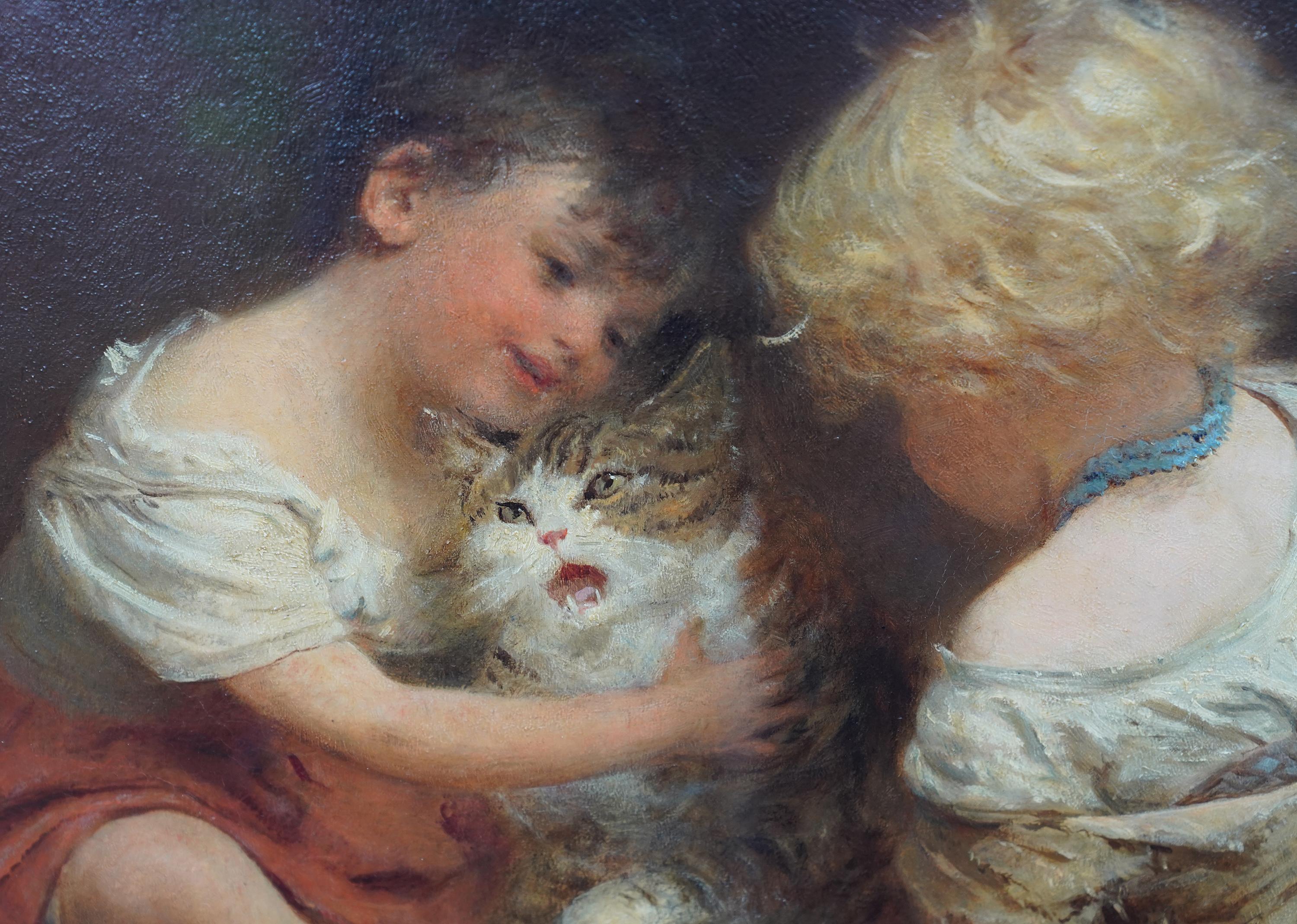 Portrait of Girls with a Cat - British Victorian Genre animal art oil painting For Sale 3
