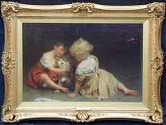 Antique Portrait of Girls with a Cat - British Victorian Genre animal art oil painting