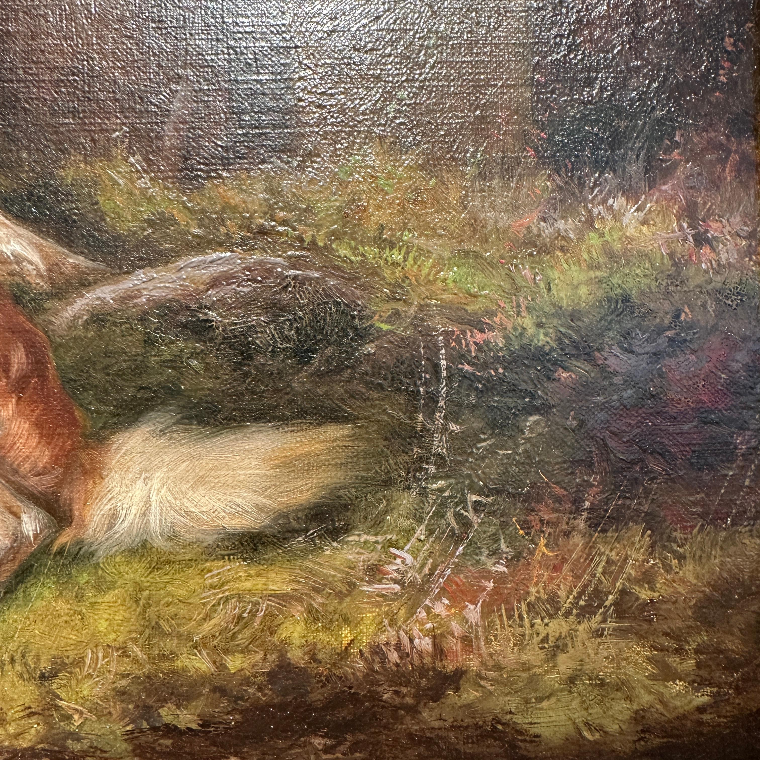 Paire de peintures à l'huile anglaises du 19ème siècle représentant des paysages avec des chiens « Après la chasse » en vente 8