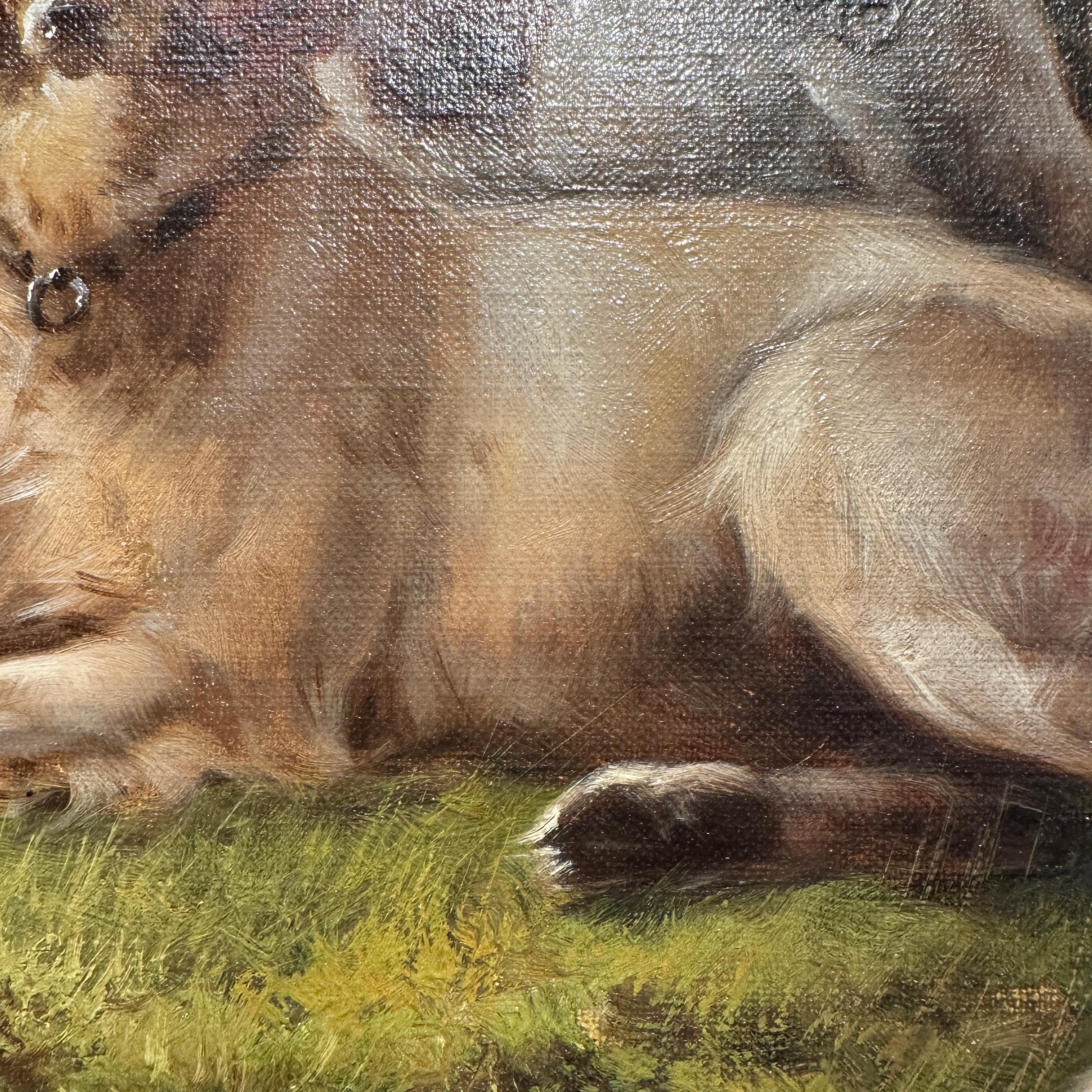 Paire de peintures à l'huile anglaises du 19ème siècle représentant des paysages avec des chiens « Après la chasse » en vente 9