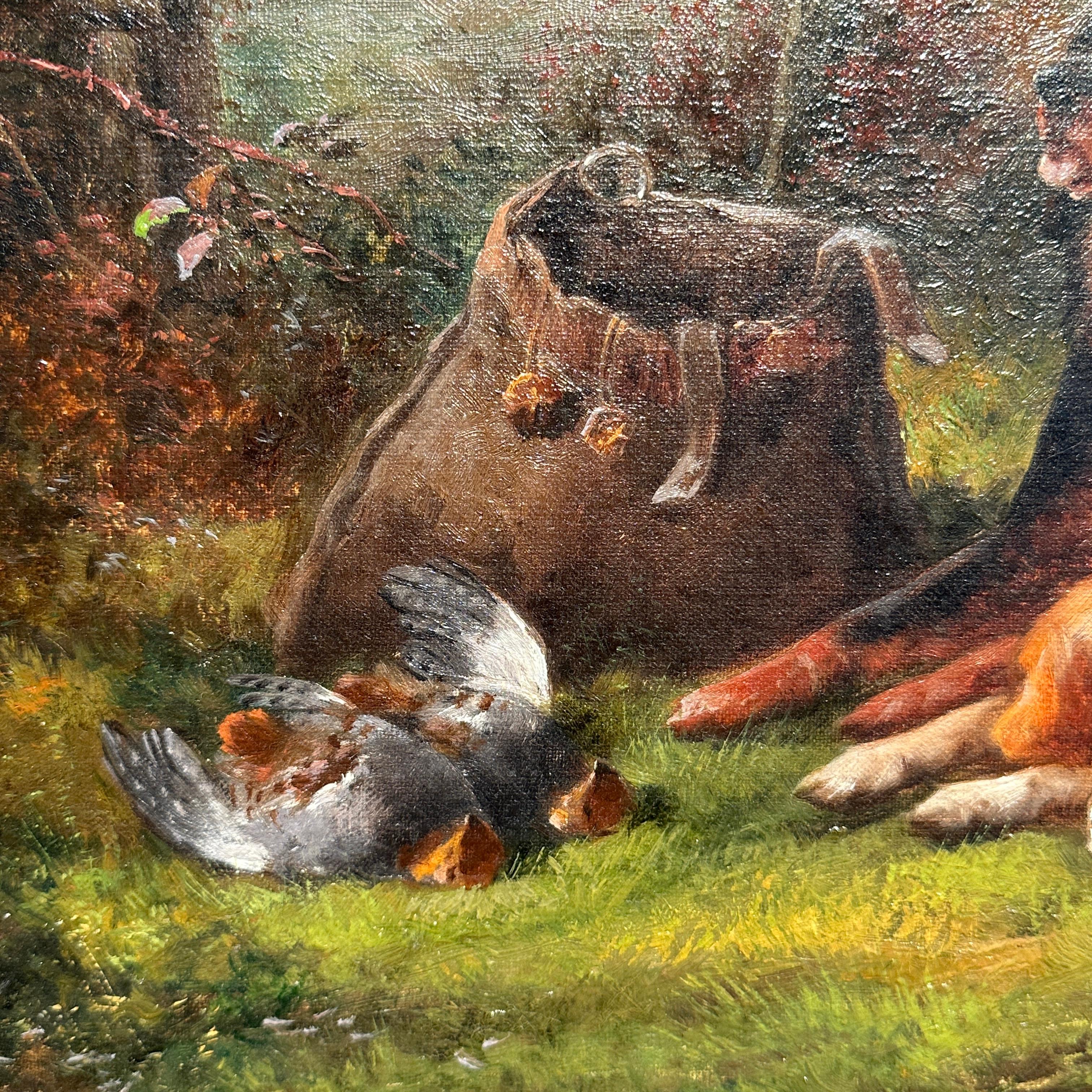 Paire de peintures à l'huile anglaises du 19ème siècle représentant des paysages avec des chiens « Après la chasse » en vente 10