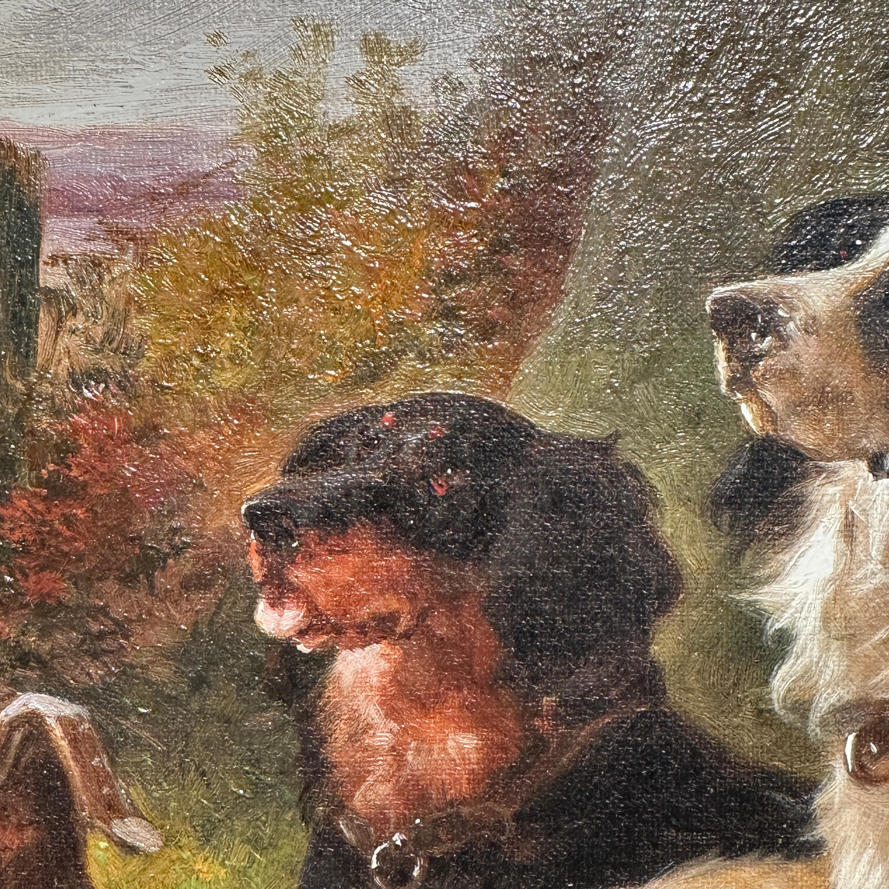 Paire de peintures à l'huile anglaises du 19ème siècle représentant des paysages avec des chiens « Après la chasse » en vente 11