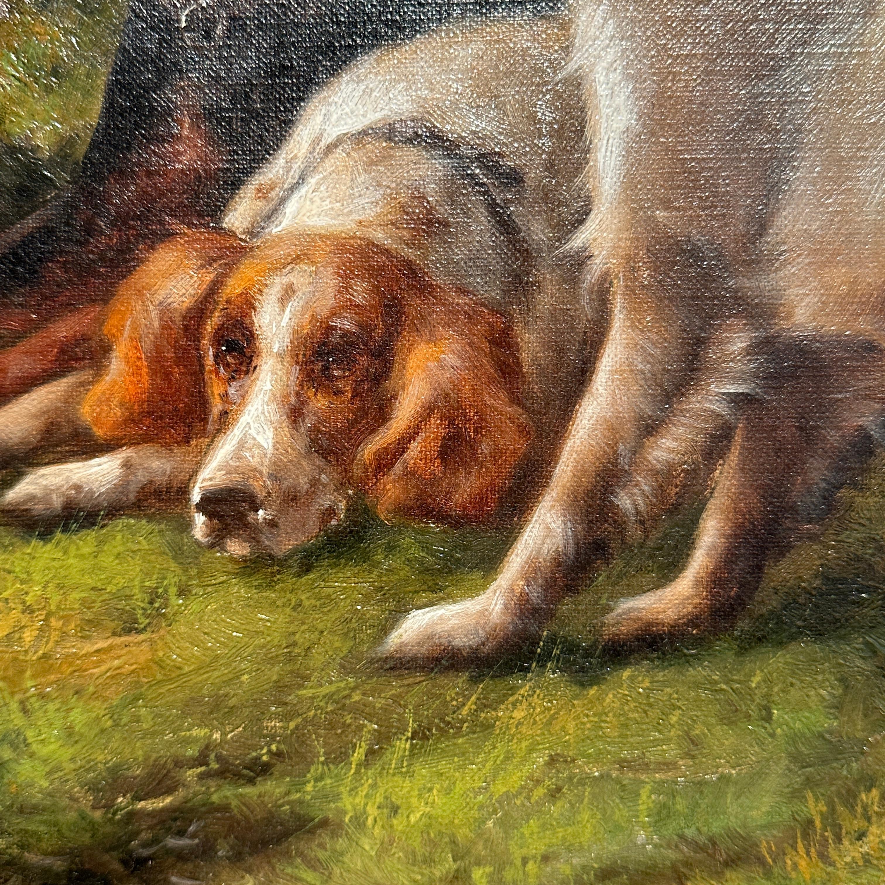Paire de peintures à l'huile anglaises du 19ème siècle représentant des paysages avec des chiens « Après la chasse » en vente 12