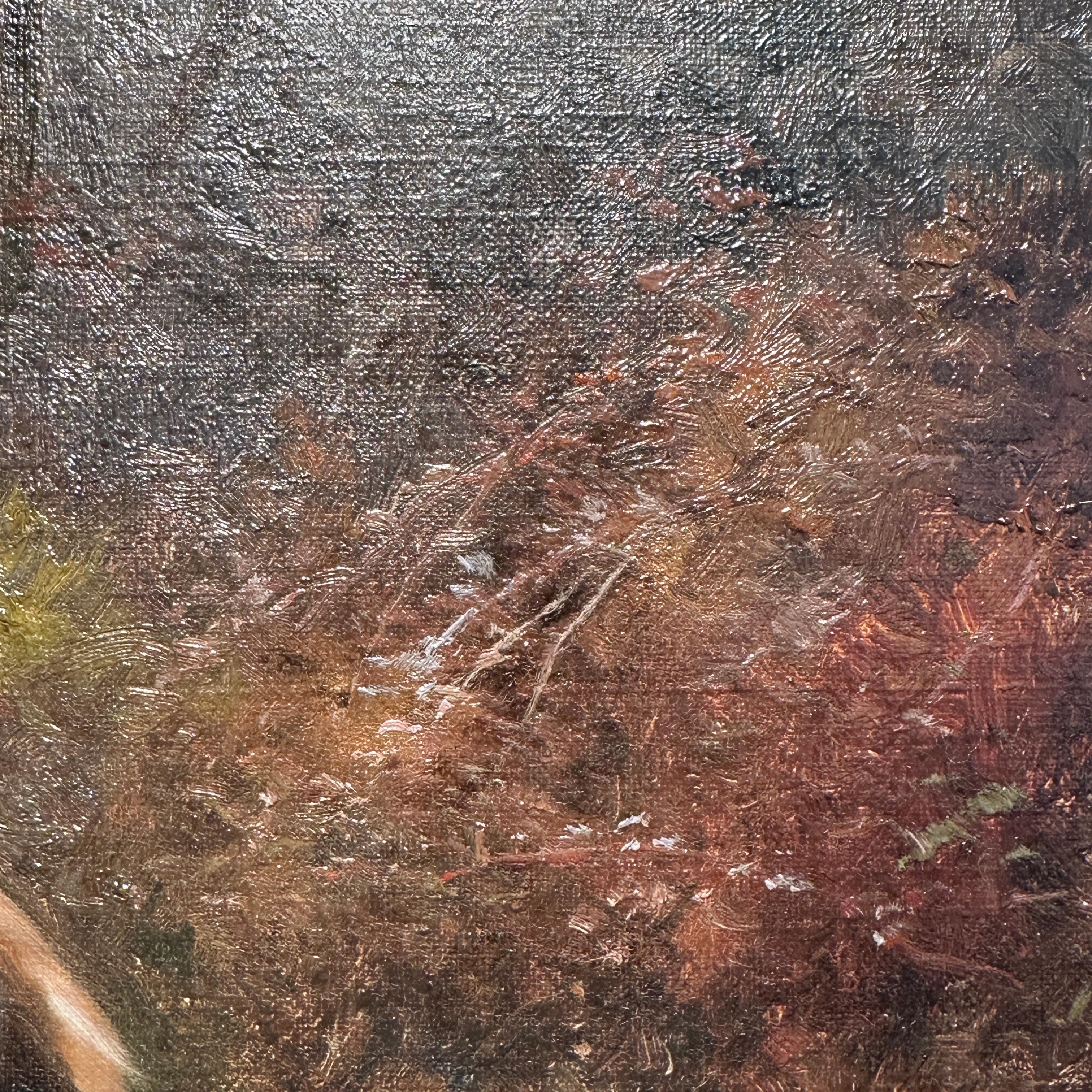 Paire de peintures à l'huile anglaises du 19ème siècle représentant des paysages avec des chiens « Après la chasse » en vente 14