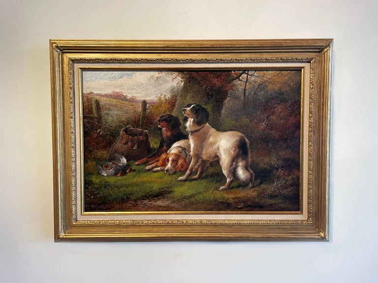 English 19th Century pair of landscape oil paintings 'After the Hunt' with Dogs  - Painting by John Morris