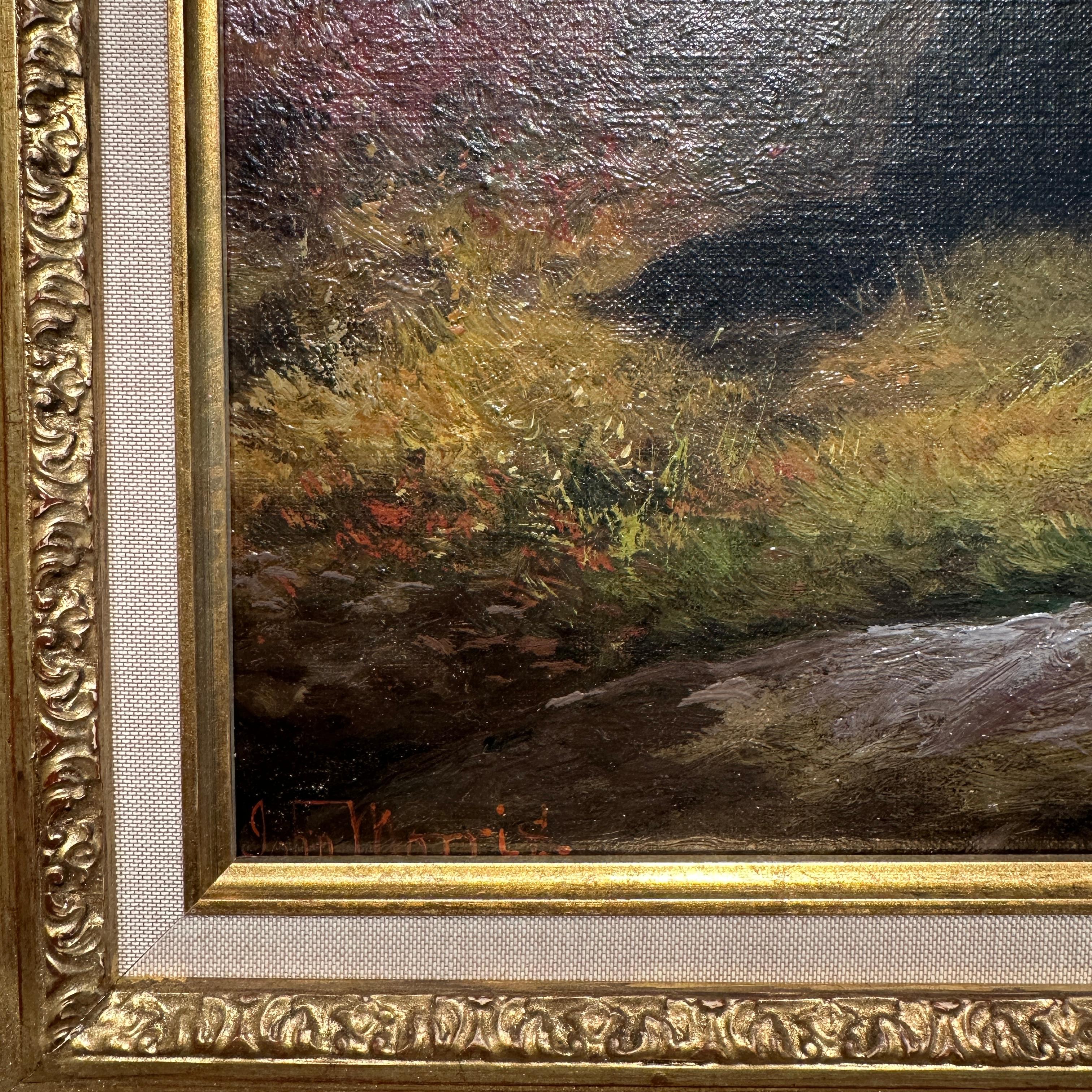 Paire de peintures à l'huile anglaises du 19ème siècle représentant des paysages avec des chiens « Après la chasse » - Painting de John Morris