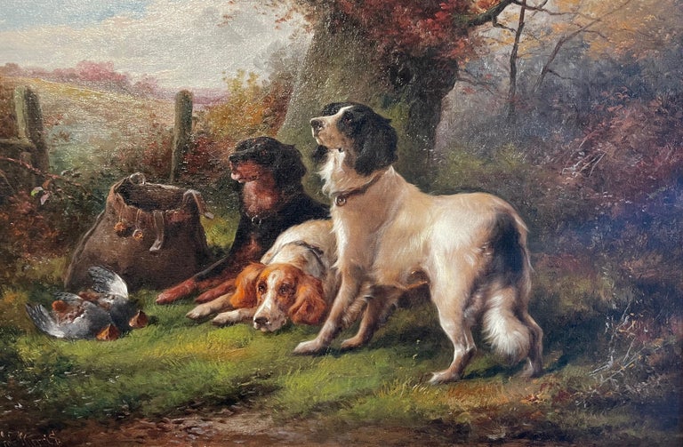 English 19th Century pair of landscape oil paintings 'After the Hunt' with Dogs  - Impressionist Painting by John Morris