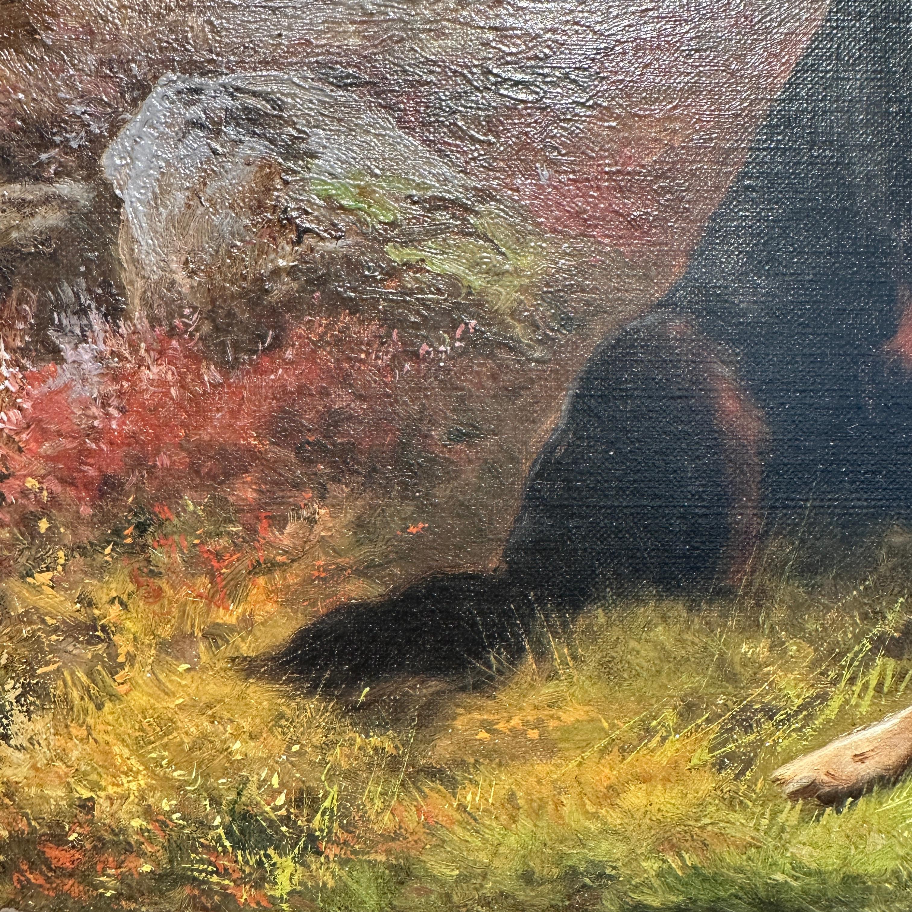 Cette paire exquise de peintures du XIXe siècle de John W. Morris (1865-1924) représente des chiens dans un paysage vert britannique après une journée de chasse. Les chiens sont peints avec les plus grands détails, montrant leurs magnifiques