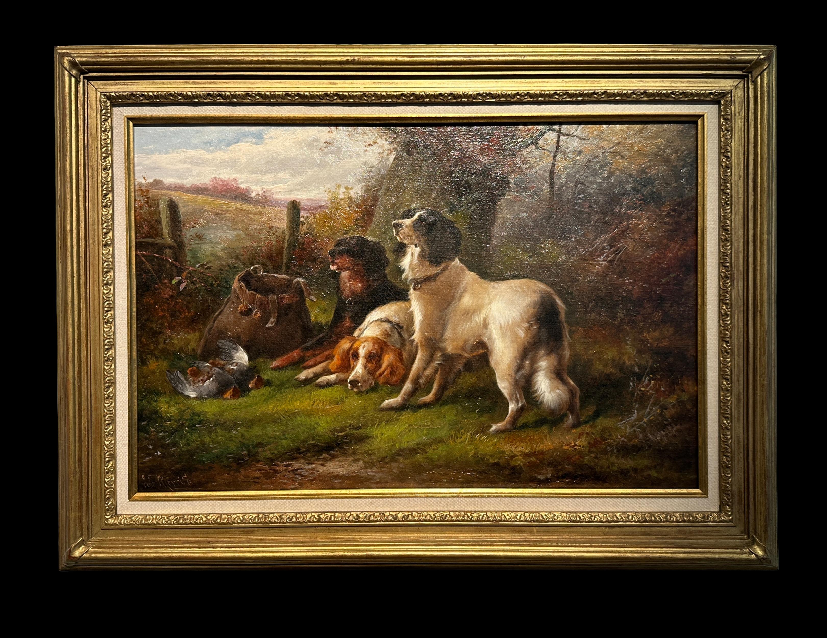 Paire de peintures à l'huile anglaises du 19ème siècle représentant des paysages avec des chiens « Après la chasse » - Impressionnisme Painting par John Morris