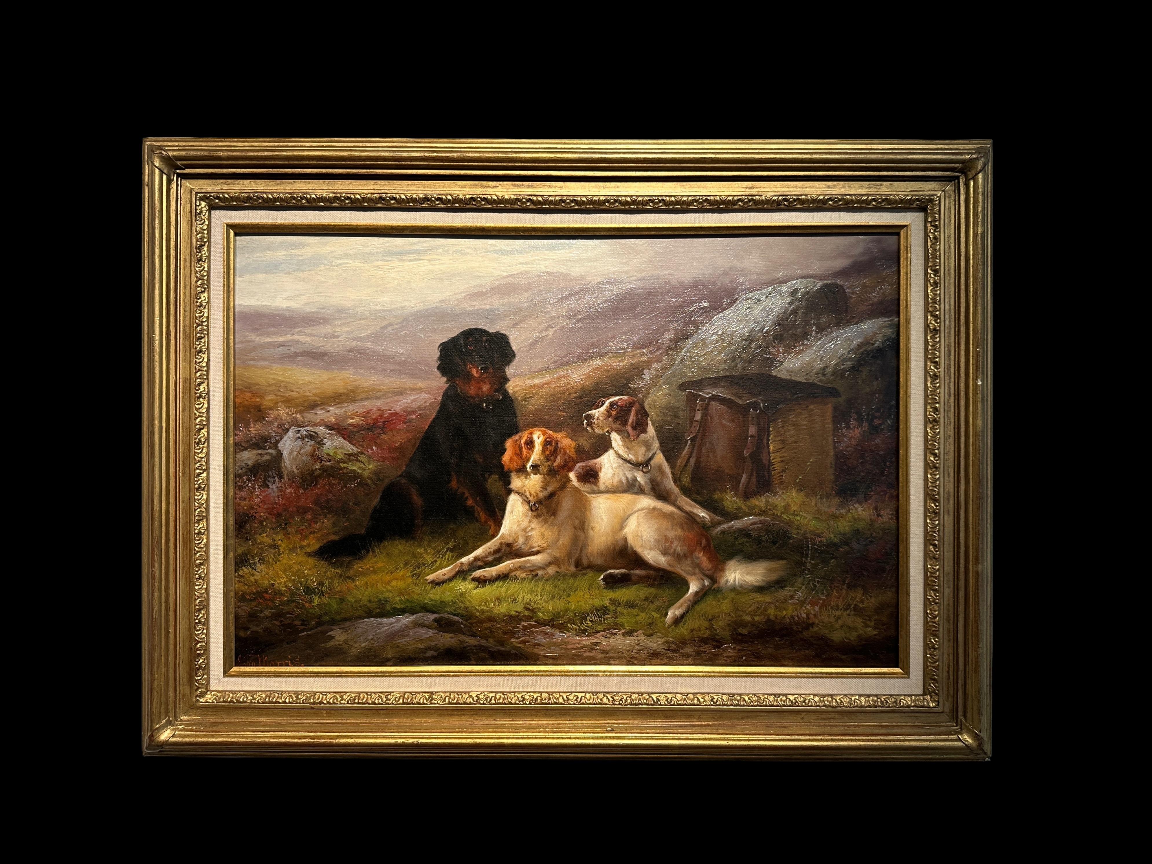 Paire de peintures à l'huile anglaises du 19ème siècle représentant des paysages avec des chiens « Après la chasse » - Beige Animal Painting par John Morris