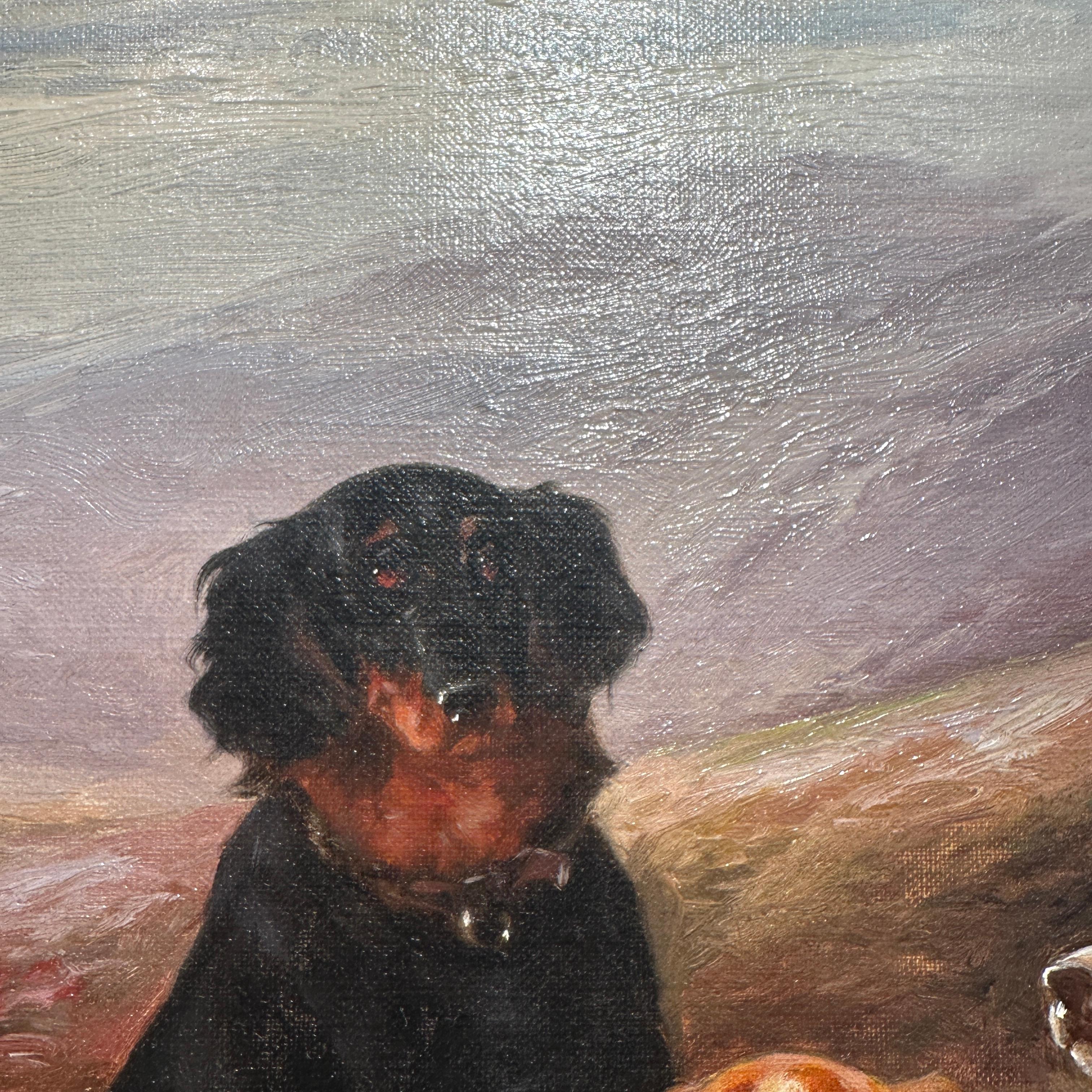 Paire de peintures à l'huile anglaises du 19ème siècle représentant des paysages avec des chiens « Après la chasse » en vente 2