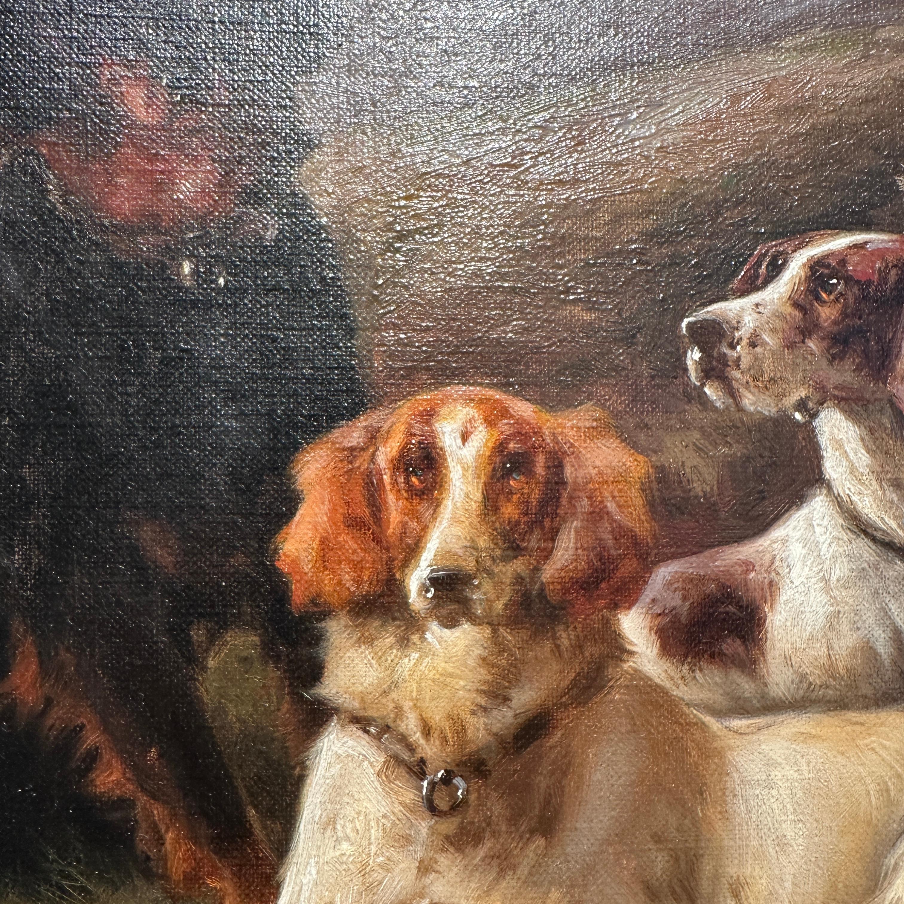 Paire de peintures à l'huile anglaises du 19ème siècle représentant des paysages avec des chiens « Après la chasse » en vente 3