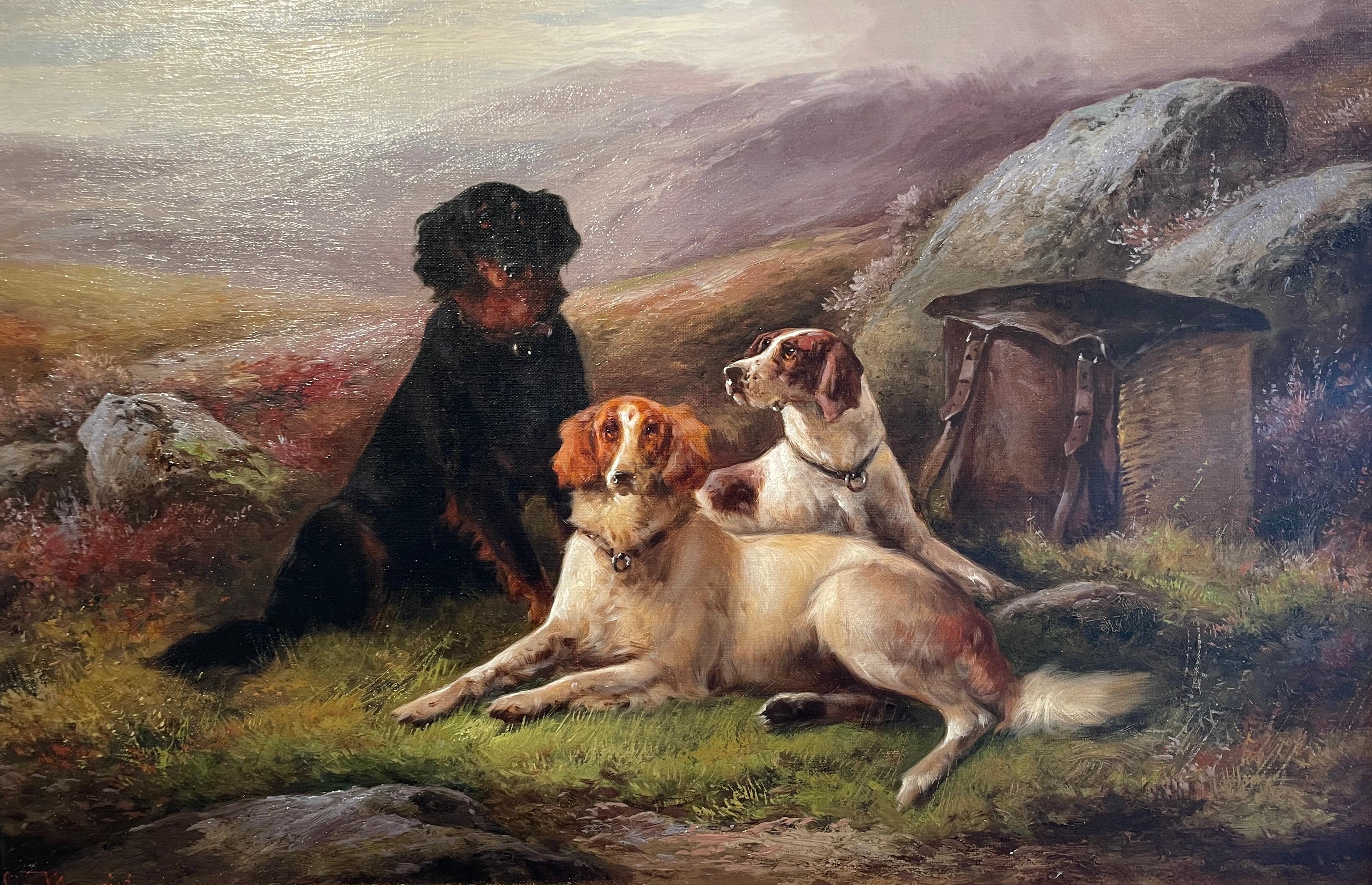 This exquisite pair of 19th century painting by John W. Morris (1865-1924) features dogs in a British Green landscape after a days hunting. The dogs are painted with the upmost detail, showing their beautiful coats glistening in the afternoon light.
