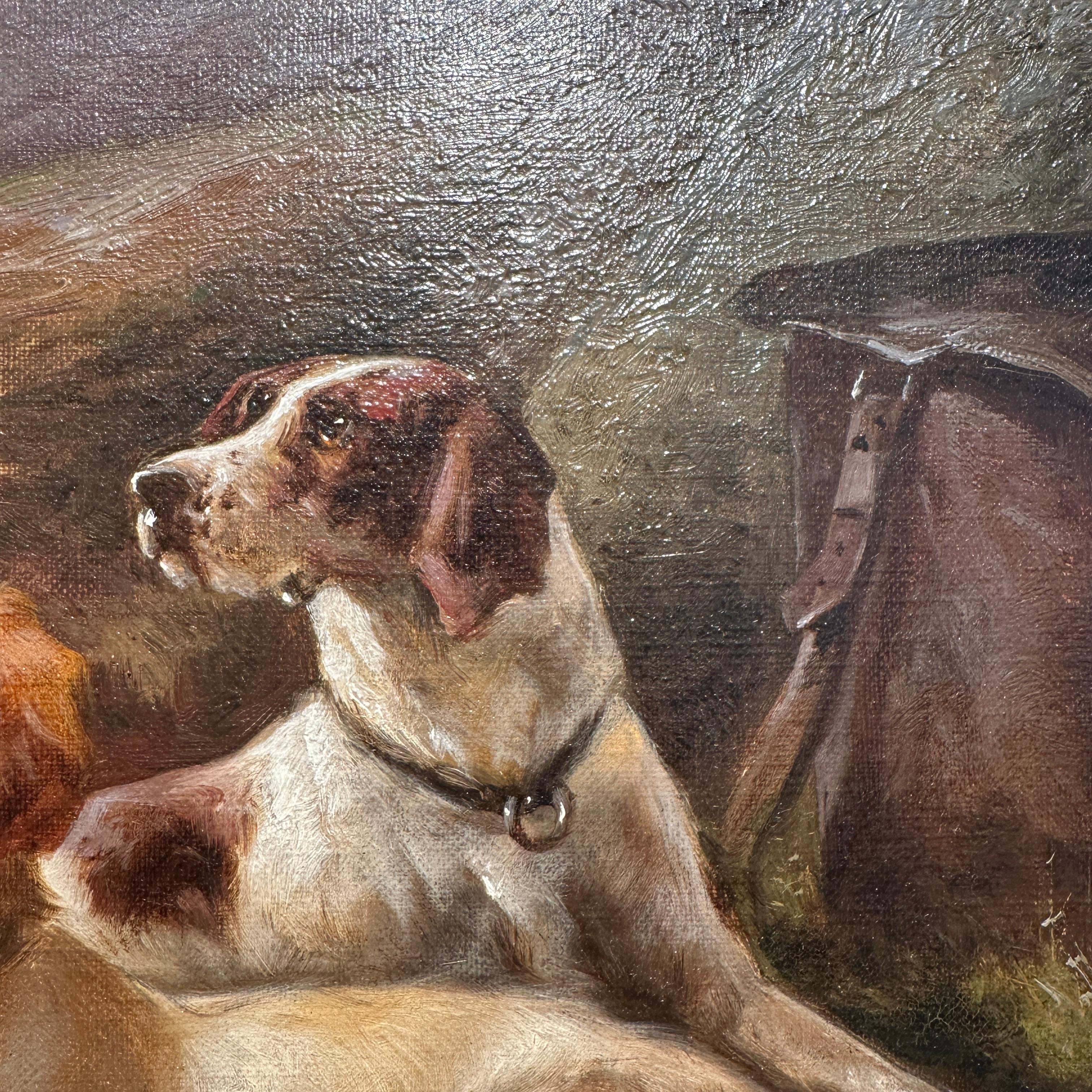 Paire de peintures à l'huile anglaises du 19ème siècle représentant des paysages avec des chiens « Après la chasse » en vente 4