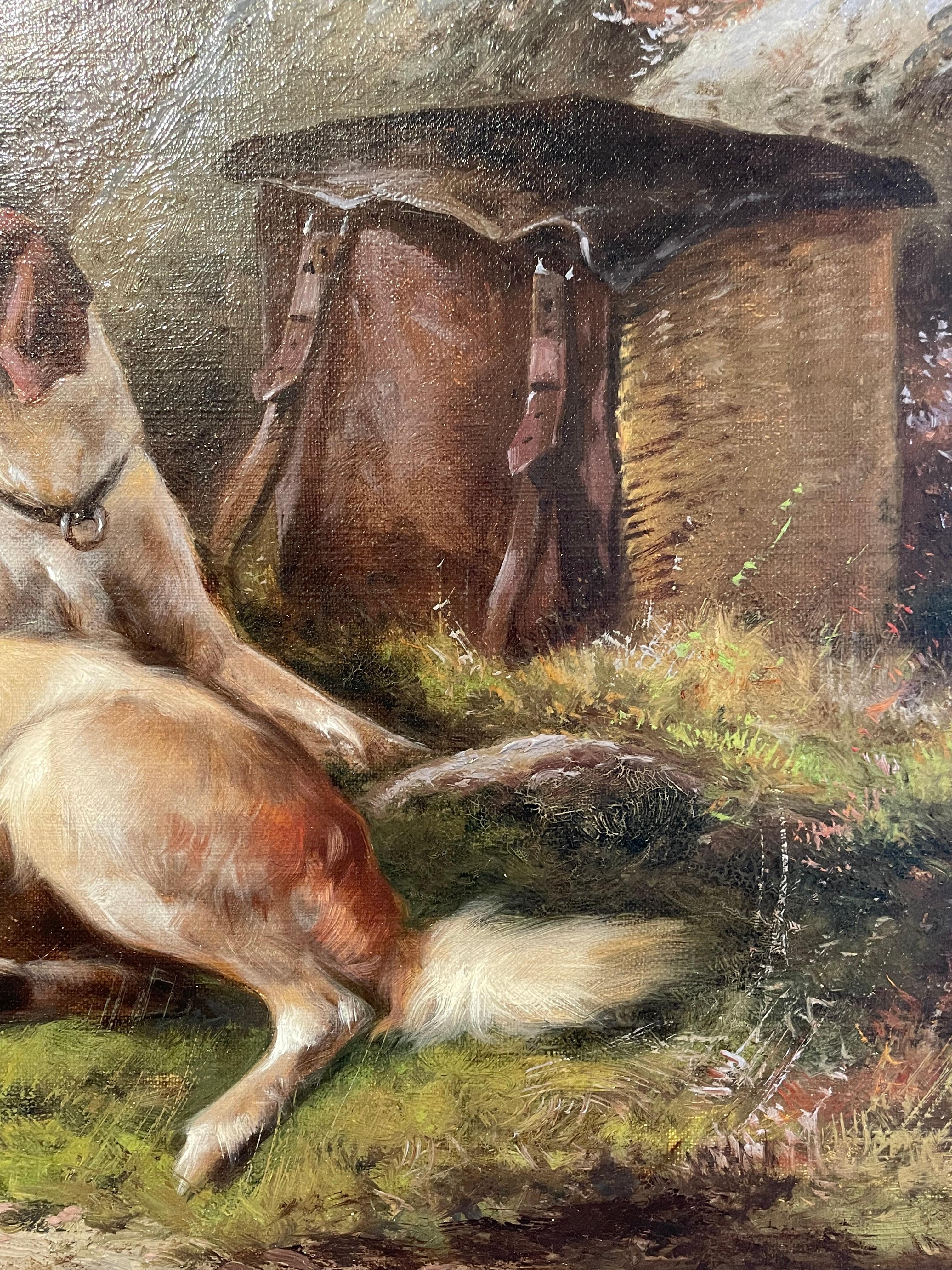 English 19th Century pair of landscape oil paintings 'After the Hunt' with Dogs  For Sale 1