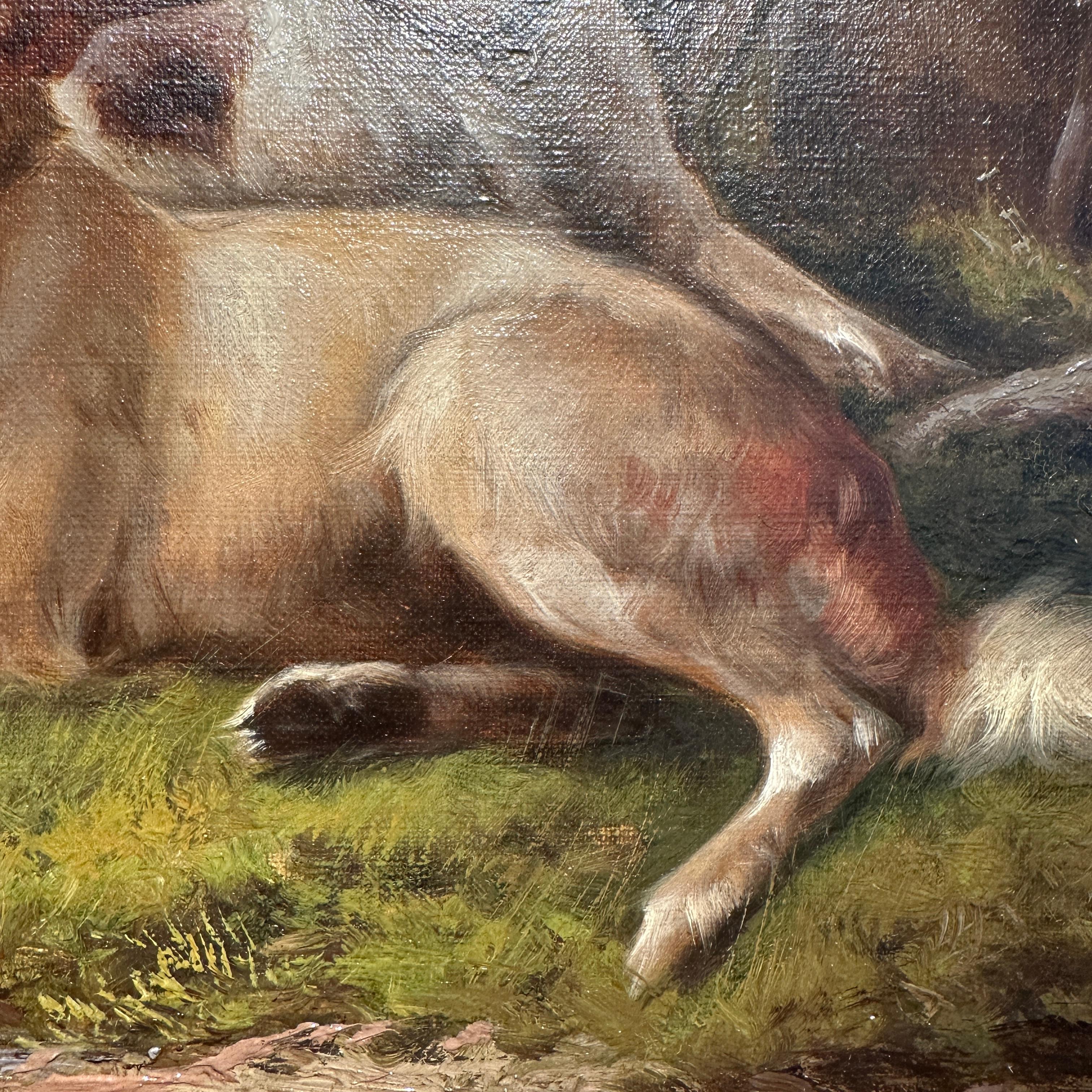 Paire de peintures à l'huile anglaises du 19ème siècle représentant des paysages avec des chiens « Après la chasse » en vente 5